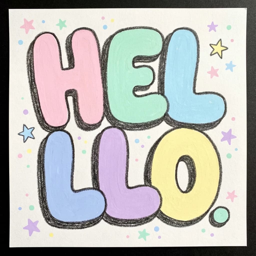 Make a bold bubble-letter poster that says HELLO, pastel palette, thick outline.