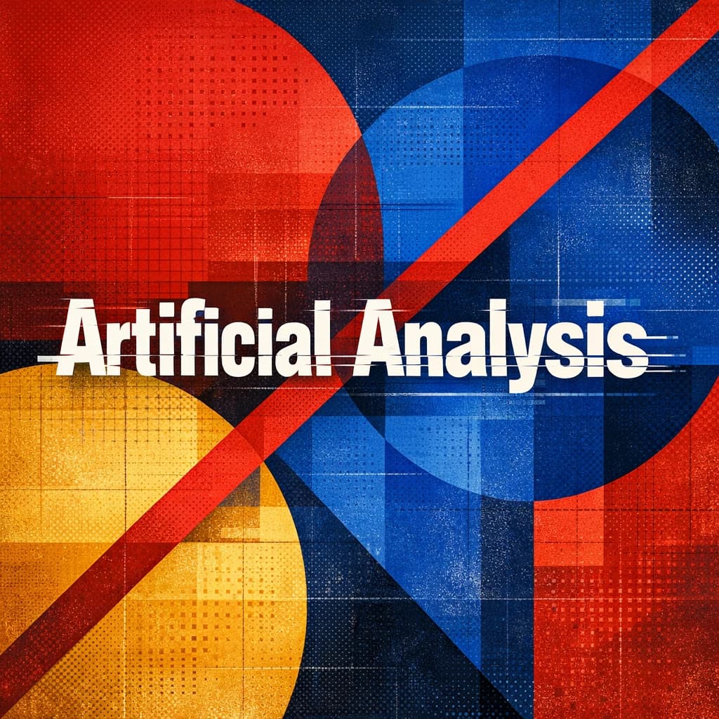 A bold poster composition dominated by flat geometric shapes in crimson, cobalt, and ochre. Overlapping circles and sharp diagonal lines create dynamic tension across the frame. A single sans-serif word — Artificial Analysis — stretches across the center in stark white, distorted slightly as though caught mid-glitch. The background is textured with halftone dots and faint grid lines, while subtle overlays of translucent rectangles suggest depth. Designed in the spirit of modernist Swiss typography fused with digital glitch aesthetics.