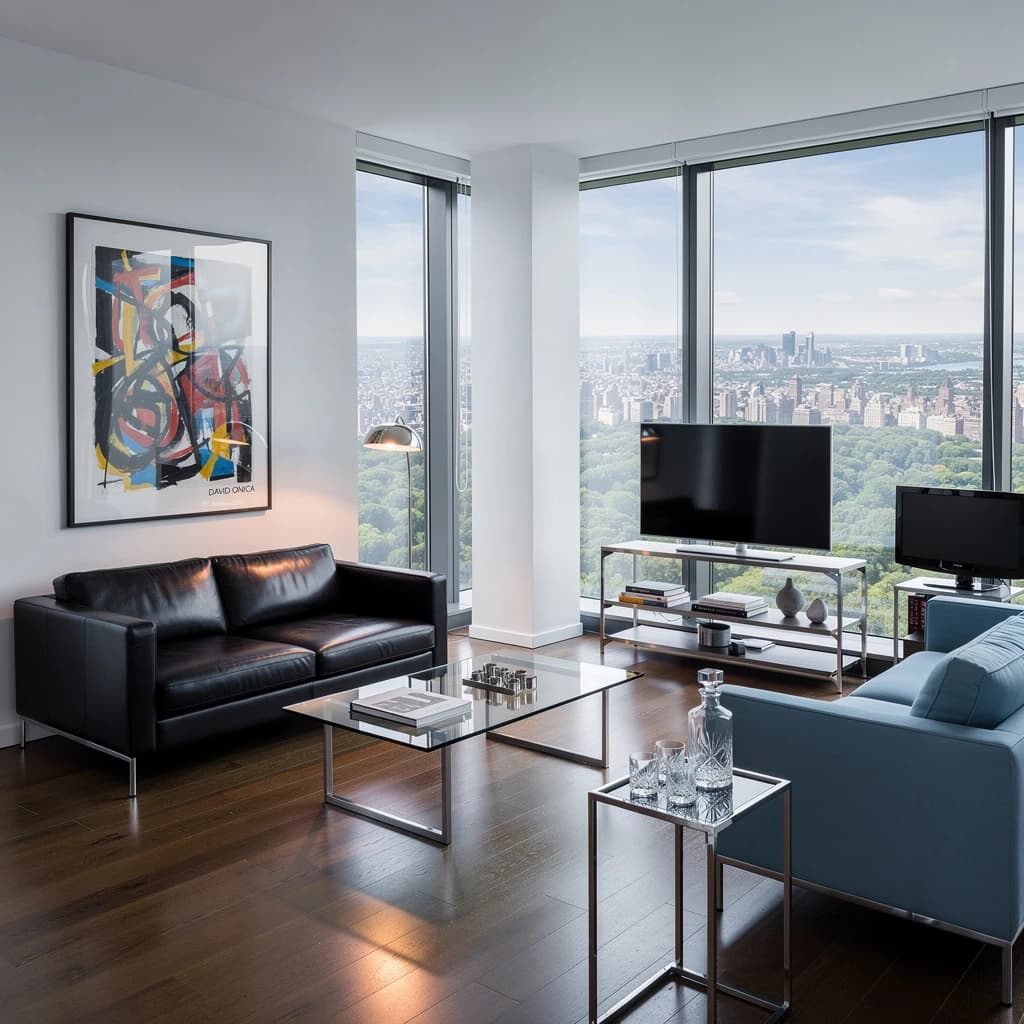 My apartment overlooks Central Park. It’s very luxurious, very expensive, and the furniture is minimal — a black leather couch, a glass coffee table with chrome legs, an Arne Jacobsen floor lamp. A big-screen television set rests on a steel shelving unit. A David Onica painting hangs above the couch. There’s a stainless steel and glass cocktail table. A powder-blue sofa. A thirty-inch digital TV.