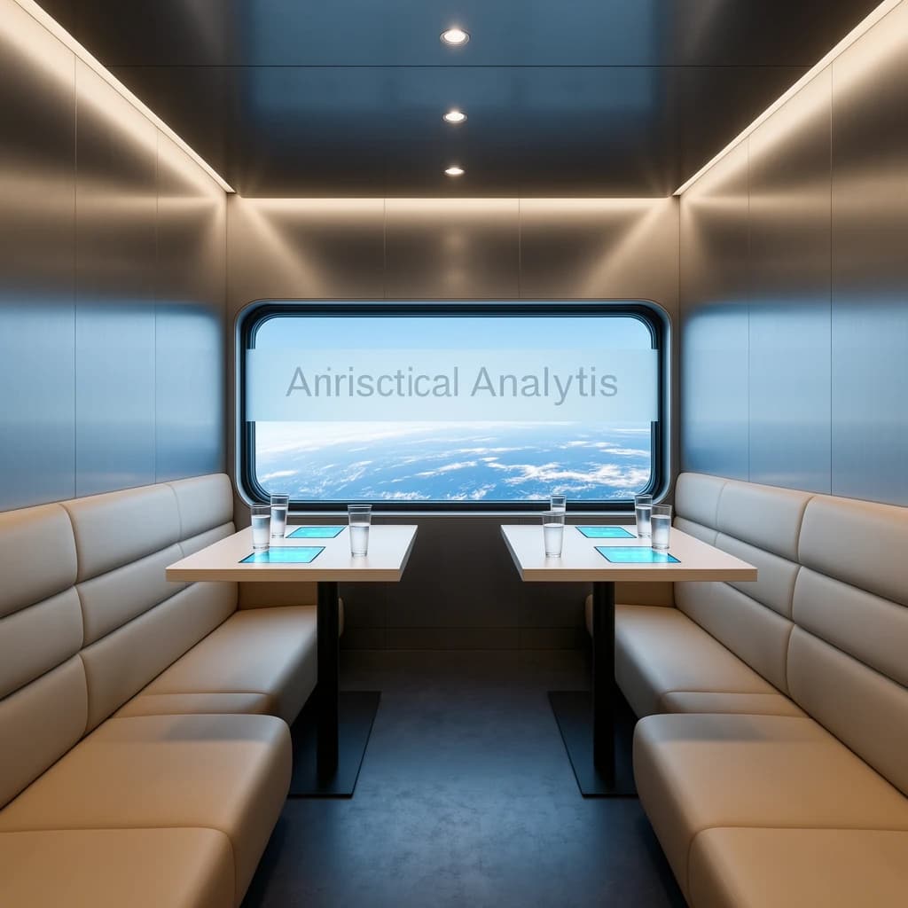 The orbital lounge has brushed aluminum walls and pale leather banquettes. Low white tables are inset with glowing touchscreens. Drinks are clear, flavorless, in tall unmarked glasses. The viewport is floor-to-ceiling, showing Earth moving slowly beneath. The word Artificial Analysis is etched discreetly on the glass in a frosted band.