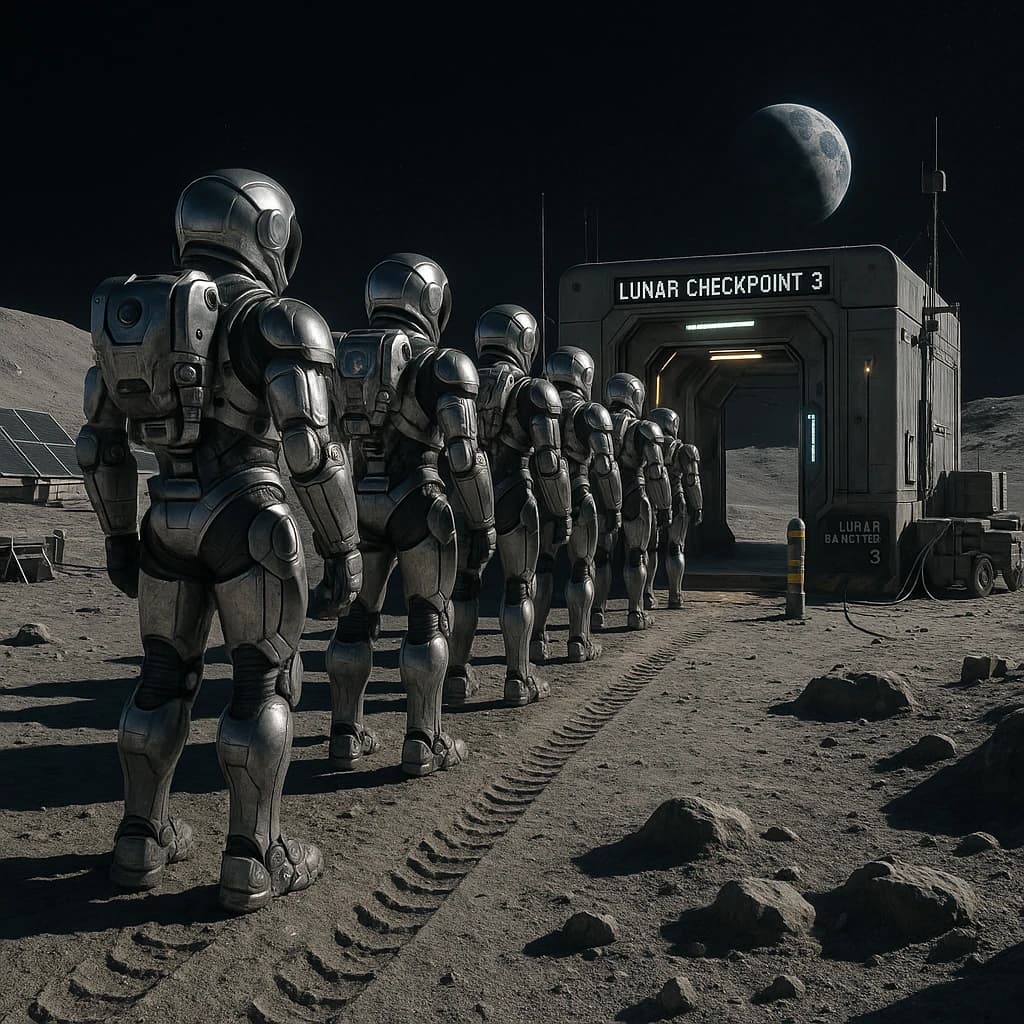Silver exosuits queue at a dusty lunar checkpoint.