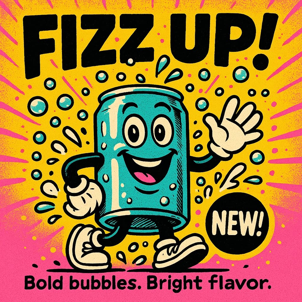 Design a bright soda billboard ad with a bubbly can mascot, thick inky lines.