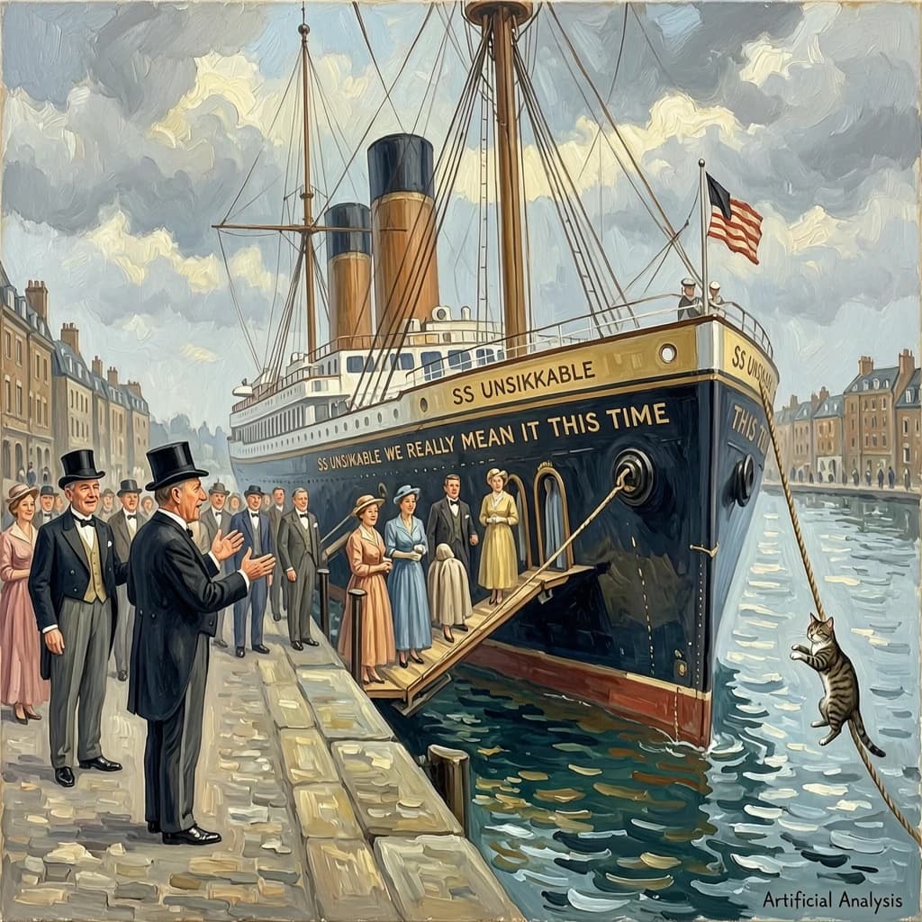 An impressionistic painting of the mighty steamer the "SS Unsinkable We Really Mean It This Time" on a cloudy but bright London morning about to set out on her maiden voyage. A jubilant crowd is gathered on the dock around the paunchy mayor who is making a speech, gesticulating wildly with his hands. The gangways are busy with well heeled ladies and gentlemen making their way onto the ship. A cheeky cat hangs over the water, clinging to the mooring rope after an ill-fated attempt to climb up. The artist has signed his name "Artificial Analysis" in the bottom corner