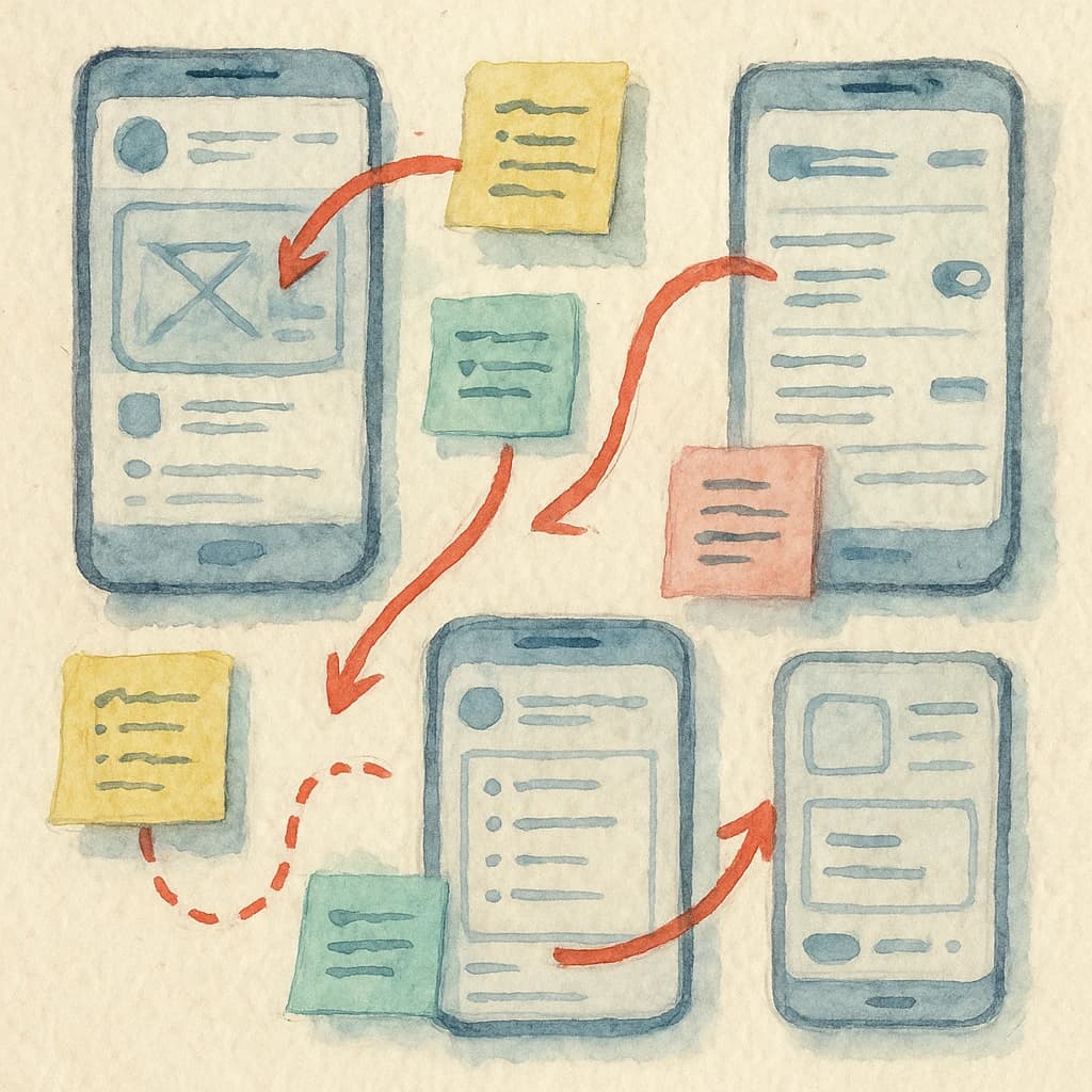 A rough watercolor of hand-drawn app wireframes, sticky notes, and red arrows.