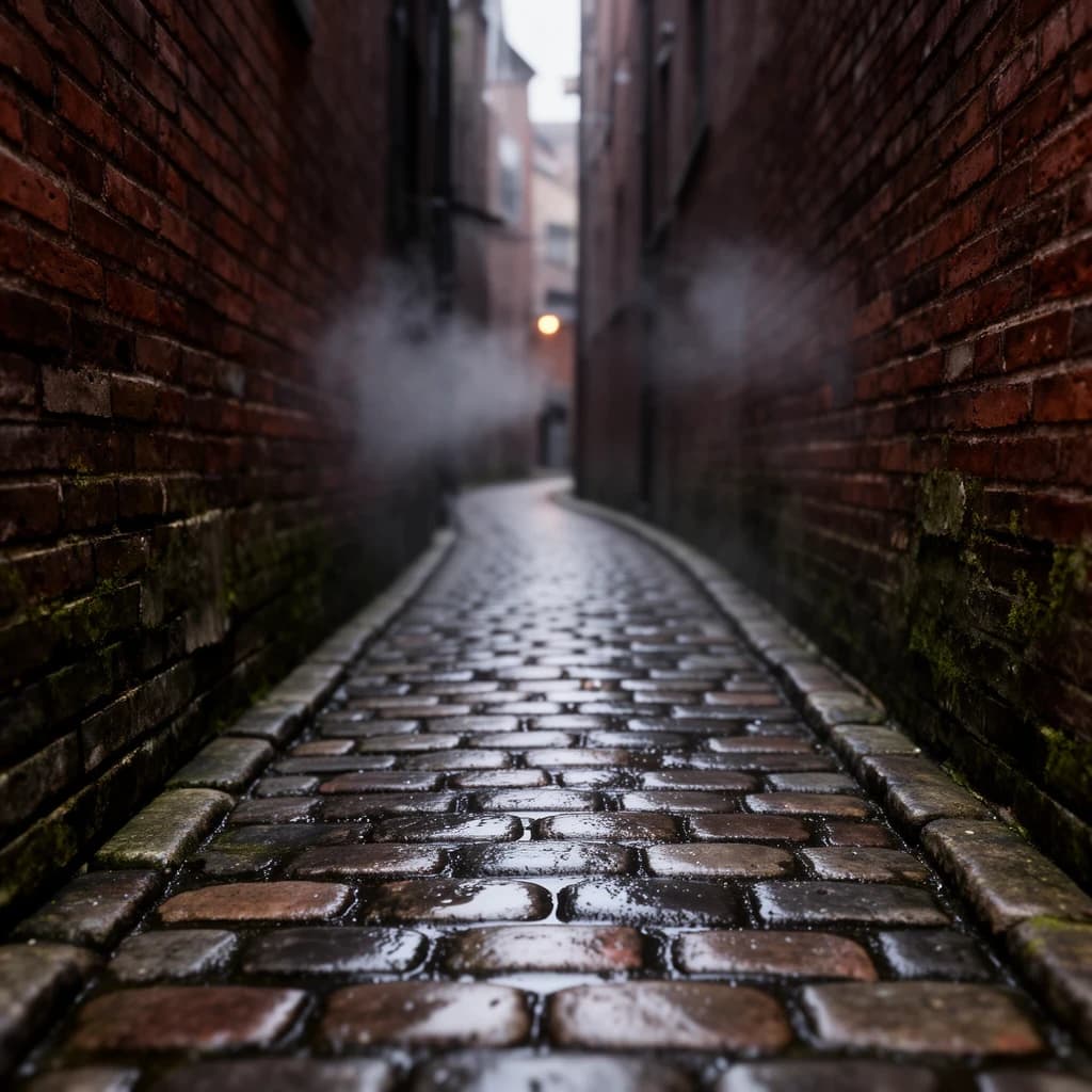 Show a narrow brick alley with wet cobblestones.