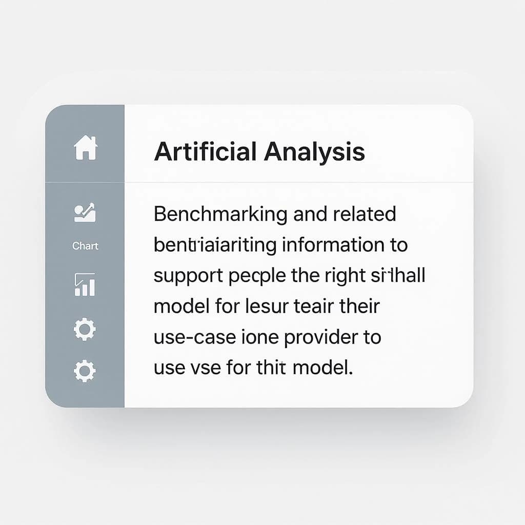 On a high-resolution dashboard mockup with a clean white background, display a centered text module in Helvetica Neue Regular, 18pt, black: “Artificial Analysis provides benchmarking and related information to support people & organizations in choosing the right model for their use-case and which provider to use for that model.” The text box is justified, but the final word wraps awkwardly onto its own line. To the left, a vertical navigation bar in light gray with three icons - home, chart, and settings - aligned evenly but casting misaligned shadows. In the upper right, the Artificial Analysis logo appears faintly, semi-transparent, watermarked over the corner of the interface.