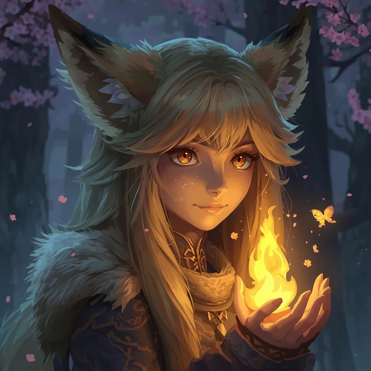 Cel-shaded fox spirit girl, glowing shrine at dusk, soft bloom, sparkly eyes.