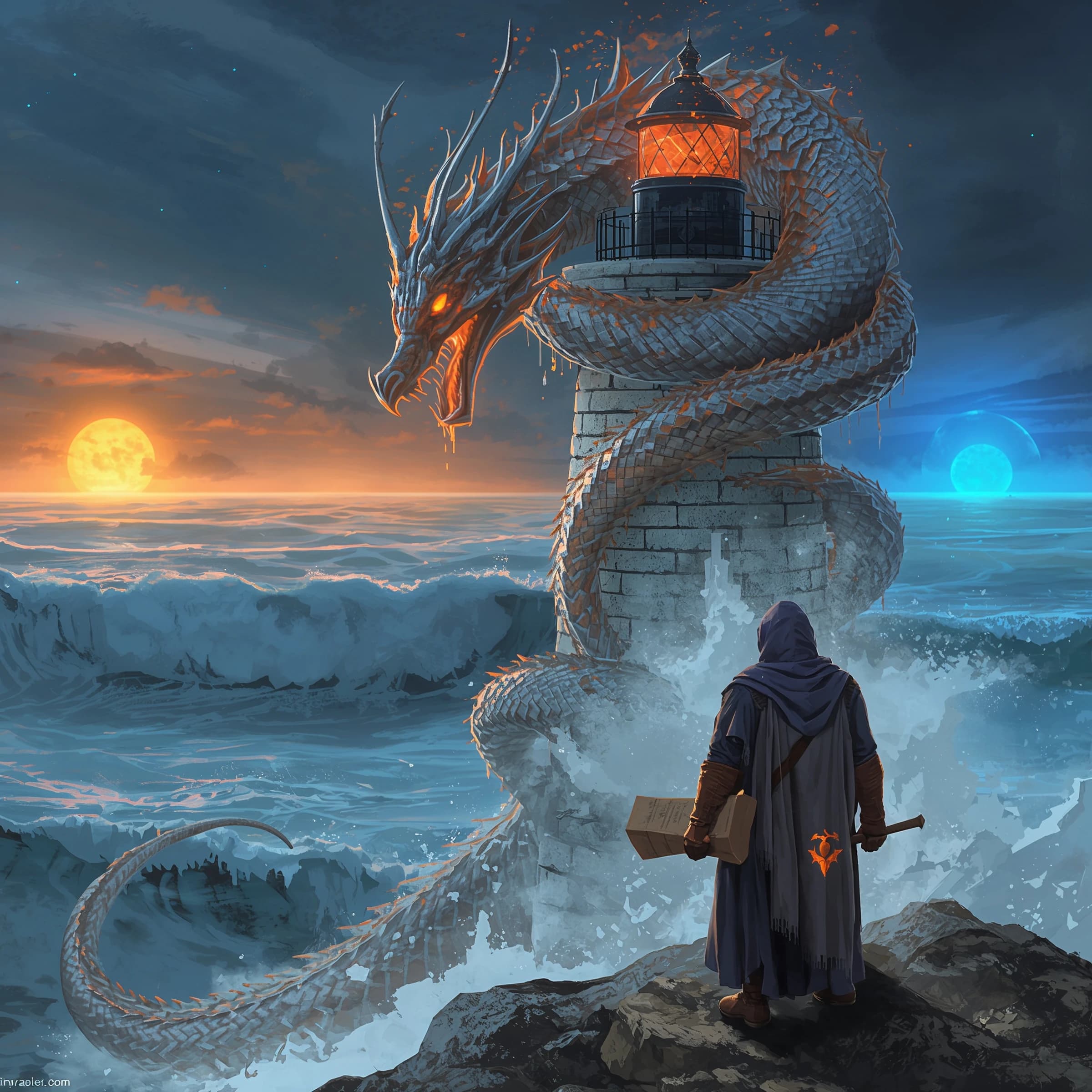 A dragon of molten silver coils around a lighthouse. The storming sea below crashes upward in frozen stillness, as though caught mid-motion. The dragon’s molten eyes drip tears of ice. On the horizon, two suns set next to each other, casting orange light on one side of the tower and blue on the other. A cloaked traveler carries an ancient weapon in his left hand and a scroll in his right.