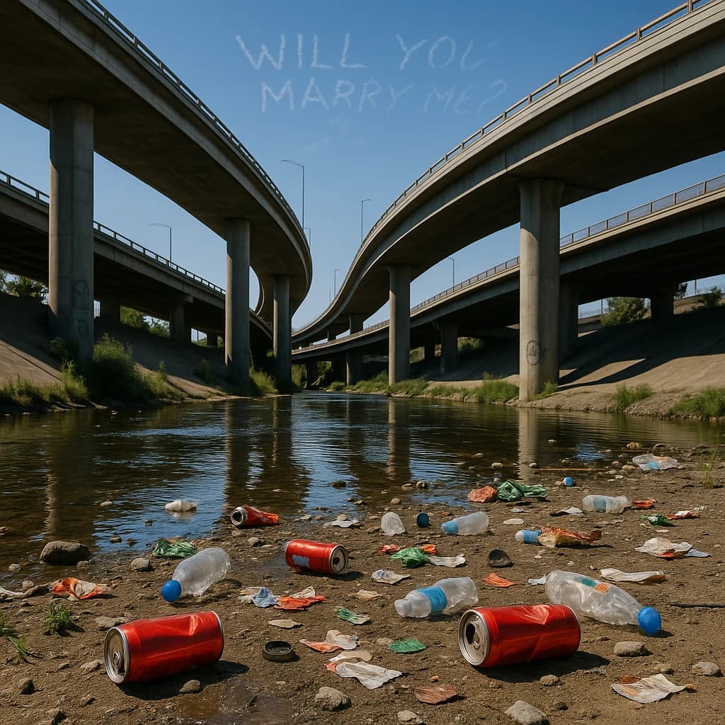 Red soda cans and other garbage sit strewn across the bank of an urban river only a few metres wide. Concrete overpasses criss cross overhead on a bright and sunny day. Fading skywriting proposes marriage