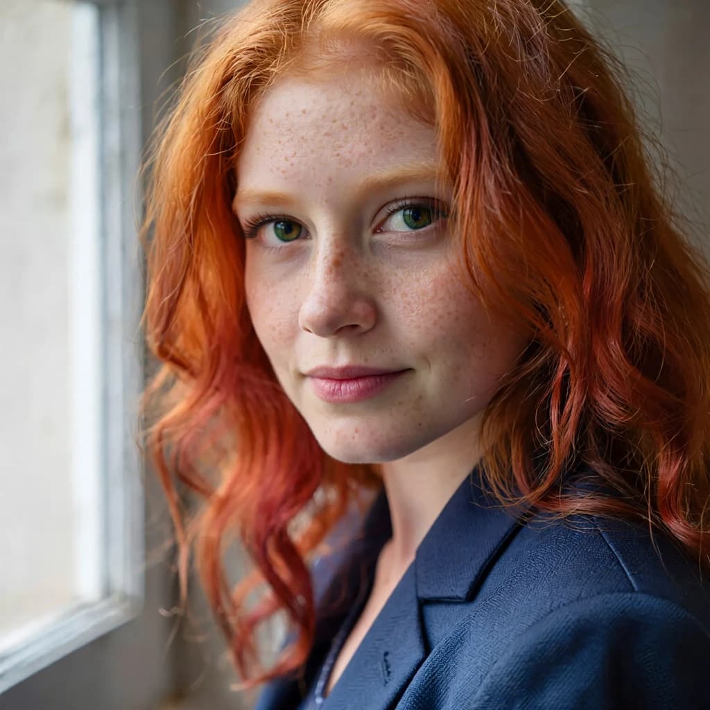 Capture a head-and-shoulders portrait of a freckled red-haired violinist in a navy blazer, soft window light, 85mm at f/1.8, gently smiling yet serious eyes, muted tones.