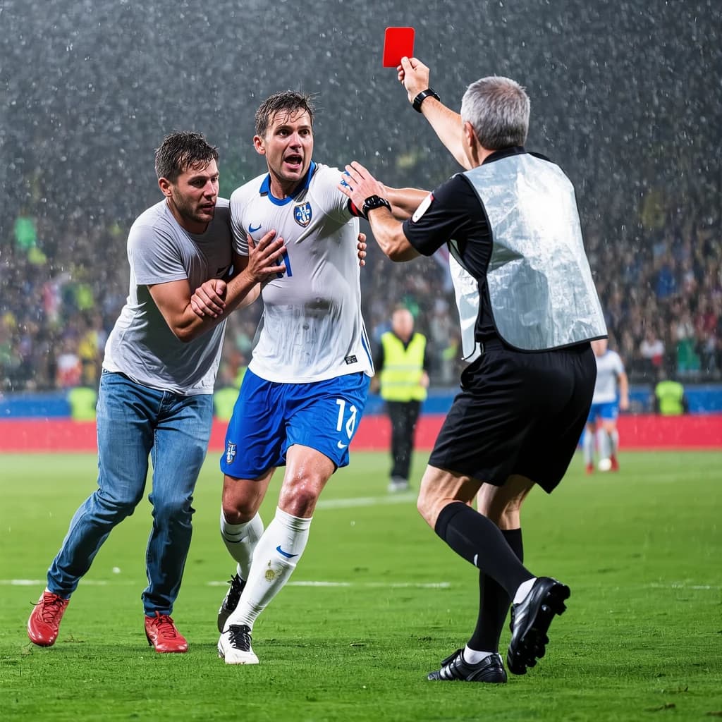 The soccer player clashes with the ref. It is thick and humid and the heat is getting to the players. His friend tries to pull him off before he causes any more trouble.