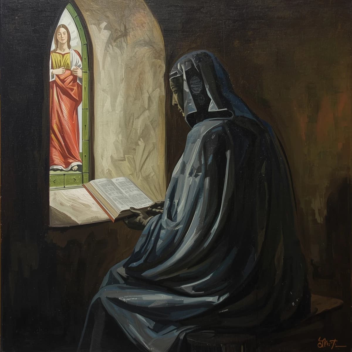 Oil painting of a chrome android reading in a stone chapel, a bit somber.