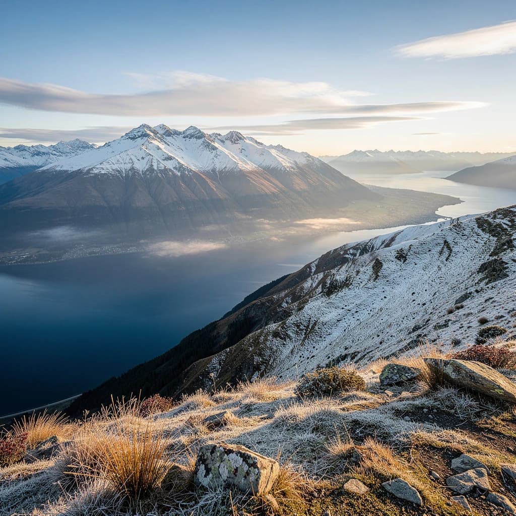 Queenstown's Lake Wakatipu, viewed from the top of Queenstown Hill after a snowstorm just dusted the top of Cecil's Peak