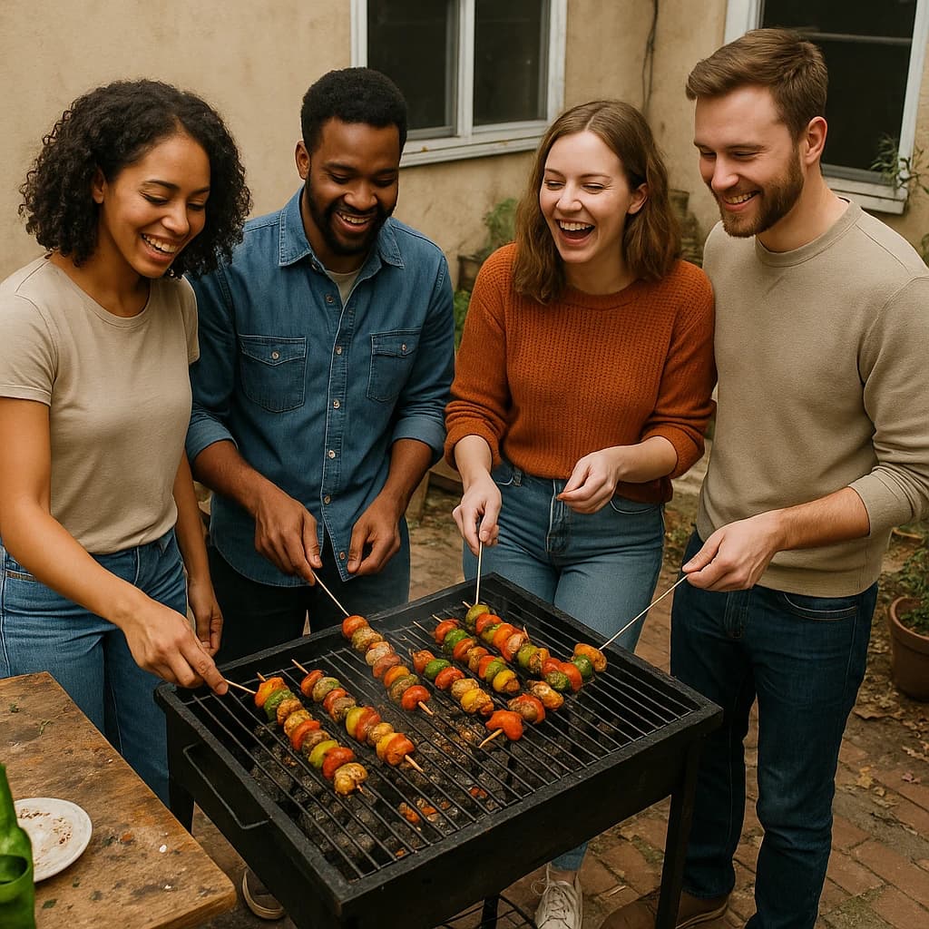 Friends grill skewers on a slightly messy patio.