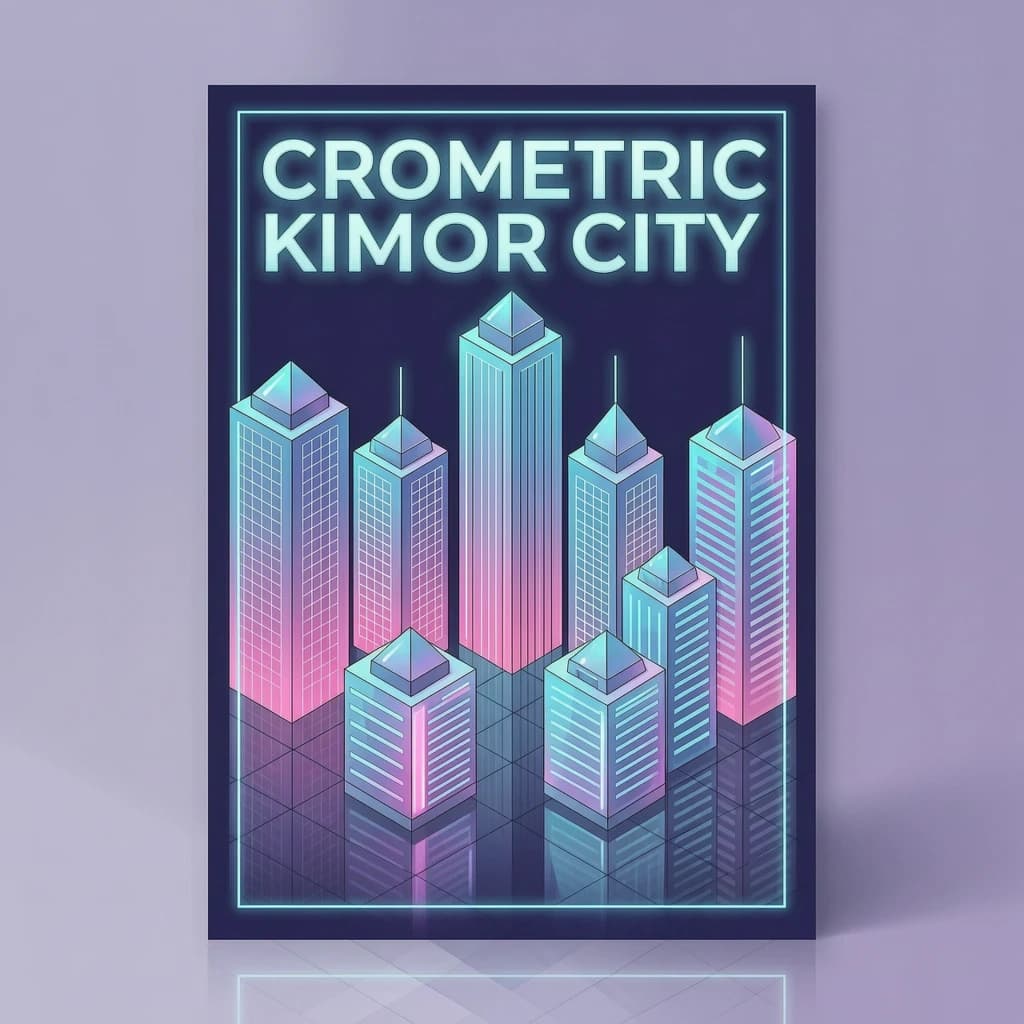 Render an isometric city poster with geometric buildings, neon gradients, gloss highlights, soft AO shadows, clean sans-serif lettering, grid layout, reflections a bit overexposed.