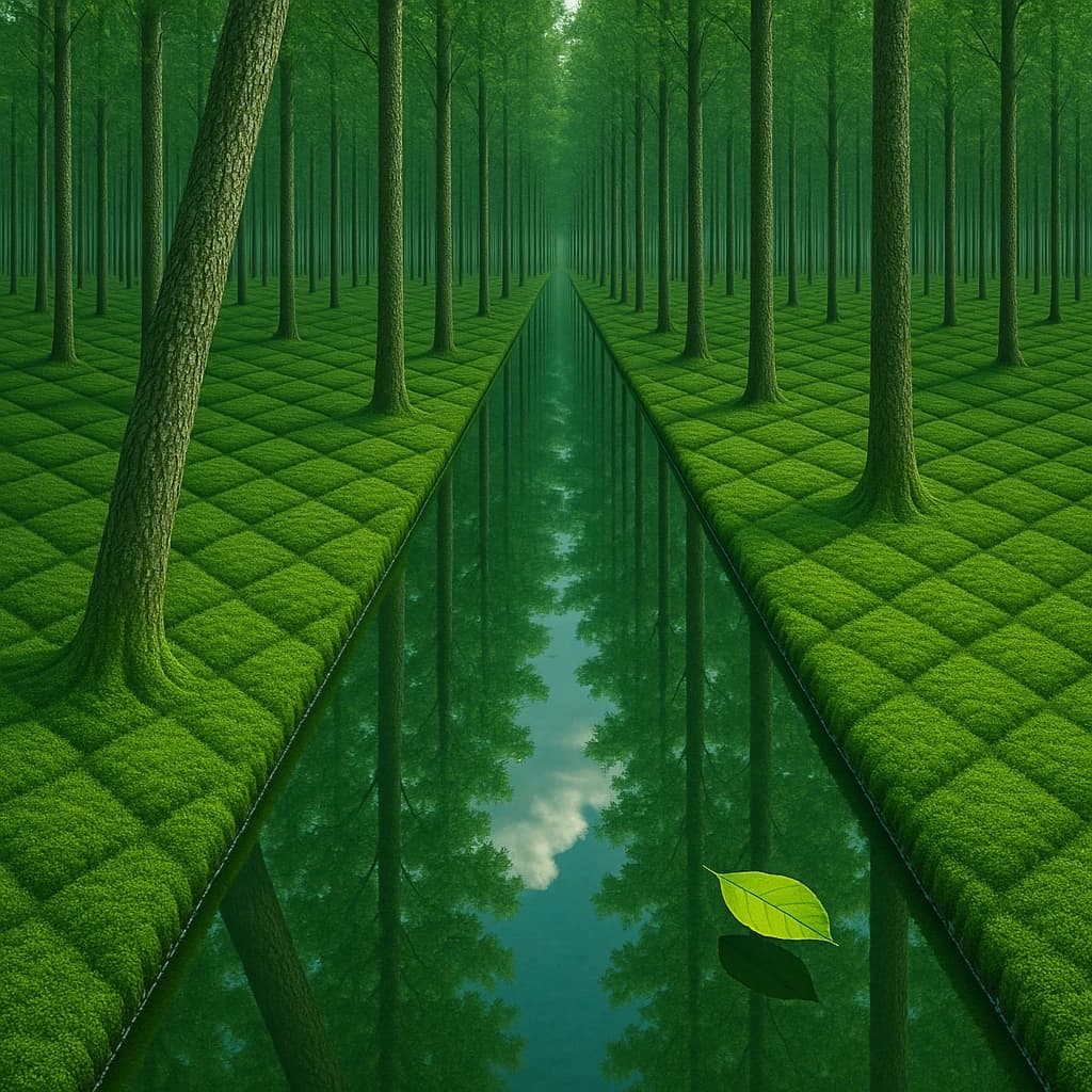The forest is saturated green, trees identical in height and width, trunks straight, bark texture repeating. One trunk leans diagonally yet the branches remain vertical. The moss is emerald, glistening, though each patch forms identical diamond shapes. A stream runs straight, perfectly linear, water clear, reflecting clouds not visible in the sky. No animals, no insects, but one leaf floats on the water, doubled, showing two overlapping shadows.