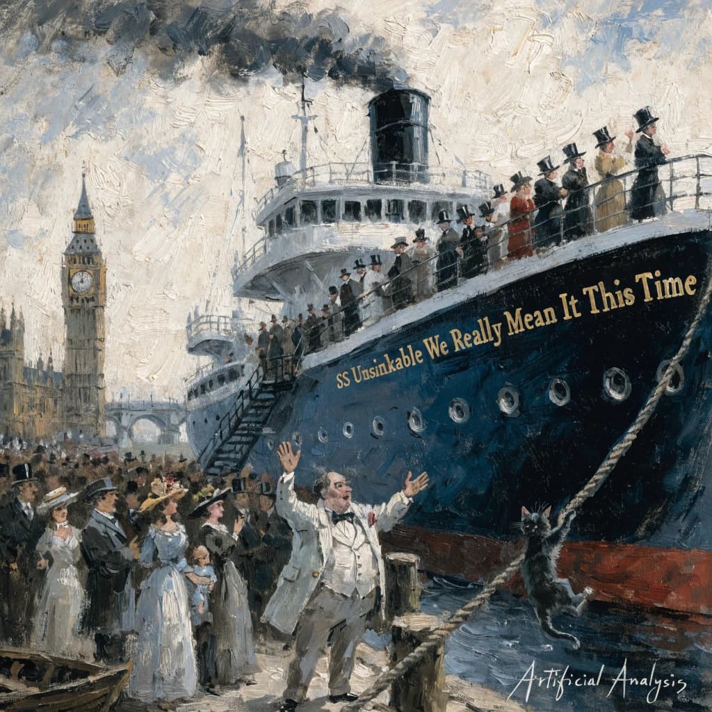 An impressionistic painting of the mighty steamer the "SS Unsinkable We Really Mean It This Time" on a cloudy but bright London morning about to set out on her maiden voyage. A jubilant crowd is gathered on the dock around the paunchy mayor who is making a speech, gesticulating wildly with his hands. The gangways are busy with well heeled ladies and gentlemen making their way onto the ship. A cheeky cat hangs over the water, clinging to the mooring rope after an ill-fated attempt to climb up. The artist has signed his name "Artificial Analysis" in the bottom corner