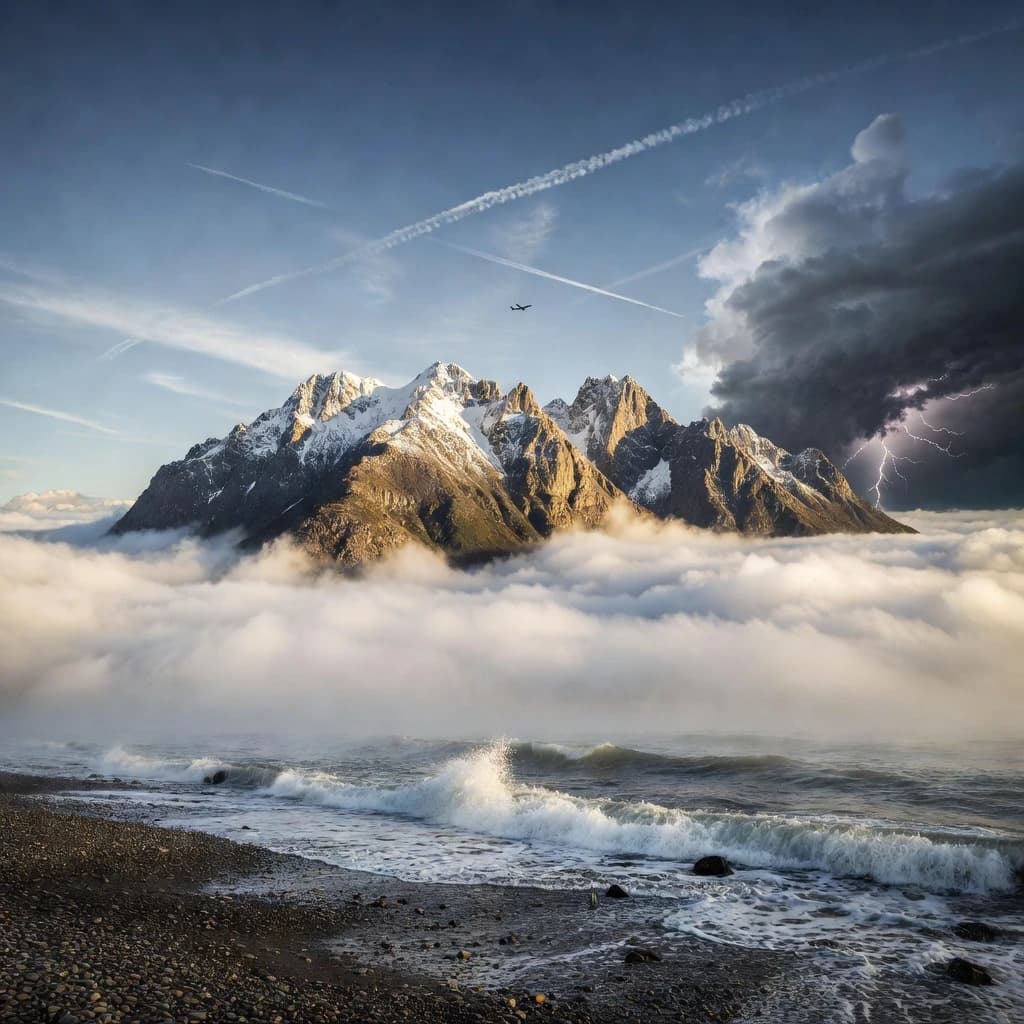 A stunning mountain vista pokes through the cloud top. Contrails from a distant airplane linger in the air. In the foreground there is a stony beach with foamy seas. A thunder storm is visibile in the distant right.