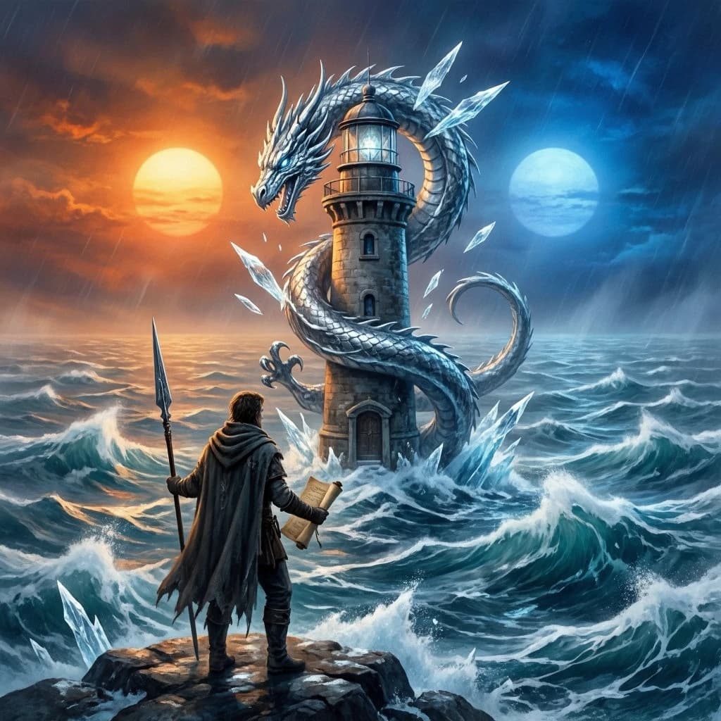 A dragon of molten silver coils around a lighthouse. The storming sea below crashes upward in frozen stillness, as though caught mid-motion. The dragon’s molten eyes drip tears of ice. On the horizon, two suns set next to each other, casting orange light on one side of the tower and blue on the other. A cloaked traveler carries an ancient weapon in his left hand and a scroll in his right.