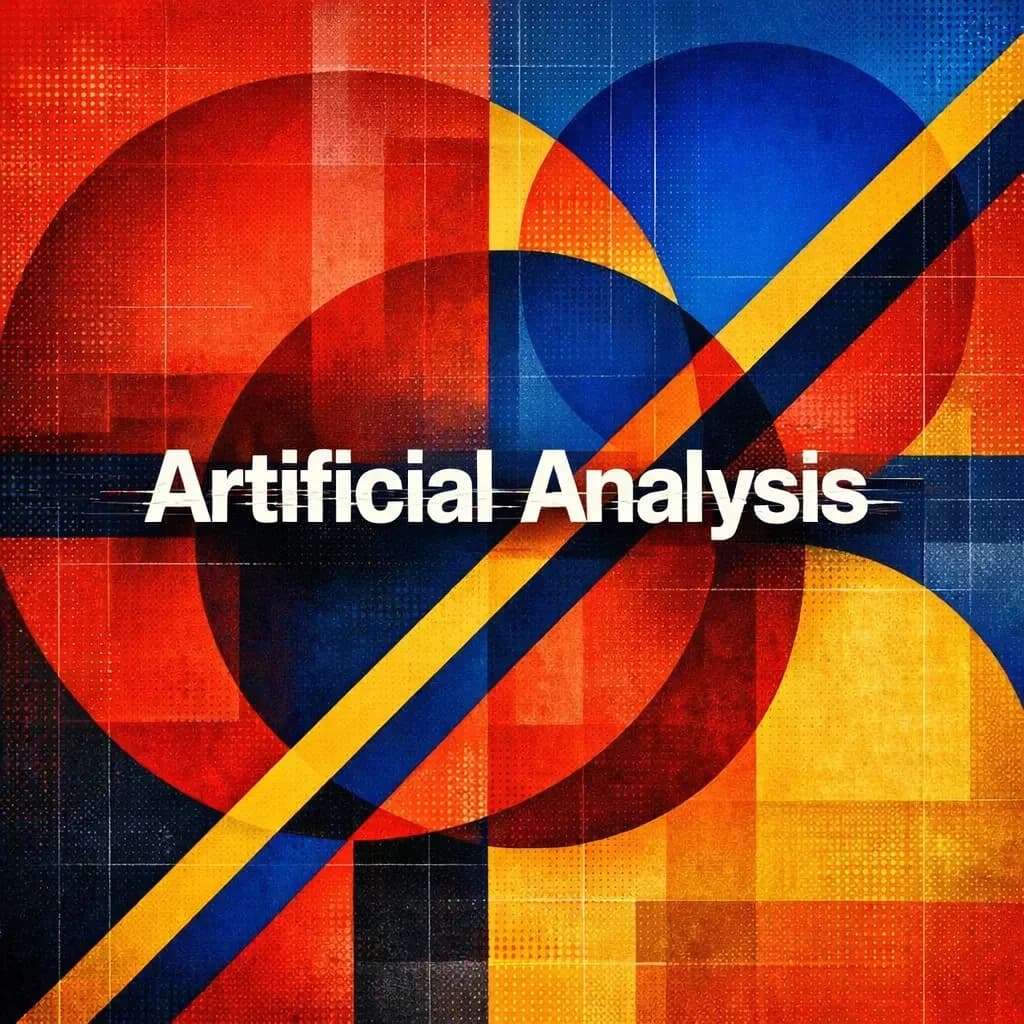 A bold poster composition dominated by flat geometric shapes in crimson, cobalt, and ochre. Overlapping circles and sharp diagonal lines create dynamic tension across the frame. A single sans-serif word — Artificial Analysis — stretches across the center in stark white, distorted slightly as though caught mid-glitch. The background is textured with halftone dots and faint grid lines, while subtle overlays of translucent rectangles suggest depth. Designed in the spirit of modernist Swiss typography fused with digital glitch aesthetics.