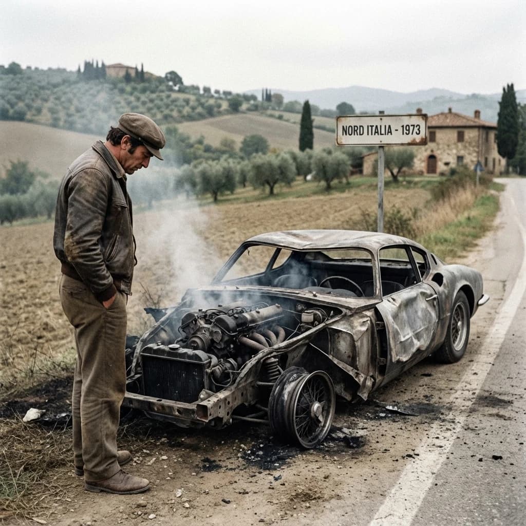 Mario examines the still smouldering wreck of the crash that took his best driver on the side of the country road. He designed this car and caused this. 3 days have passed since the crash. It's 1973 in Northern Italy.