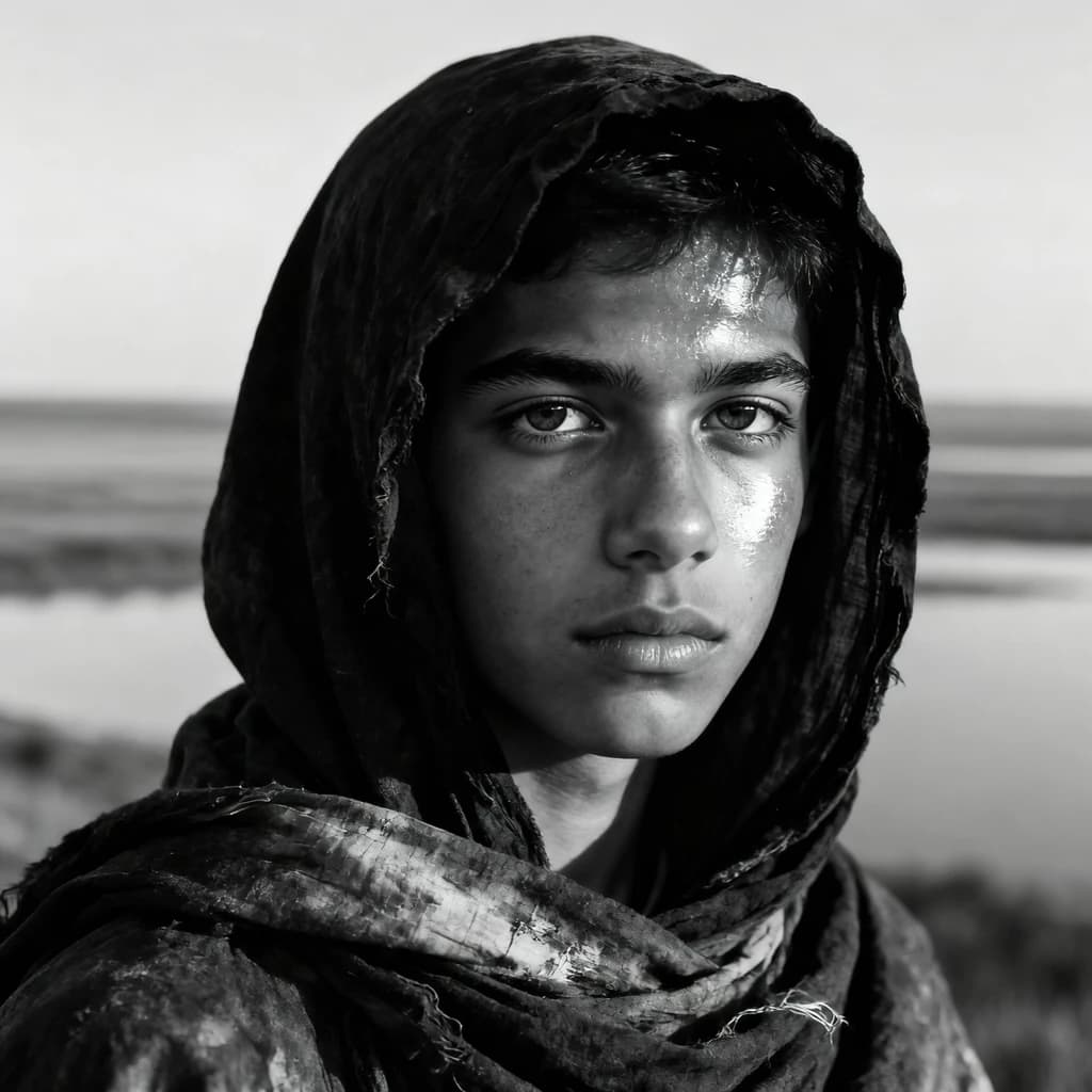 A dramatic black-and-white portrait of a young person draped in a hooded garment, their face framed by the hood's dark folds. Their skin tone and the subtle sheen on their cheeks create striking tonal contrast against the deep shadows. Their eyes are piercing, looking directly into the lens with a calm, steady intensity—neither confrontational nor submissive, but deeply present. The texture of the fabric is visible: it's dense, slightly weathered, and whisper-thin creases catch the light. In the background, an expansive, out-of-focus landscape suggests open space—perhaps distant plains or water—though the details remain soft and abstract. The overall mood is silent yet powerful, poised between vulnerability and resilience, with every highlight and shadow telling part of their story.