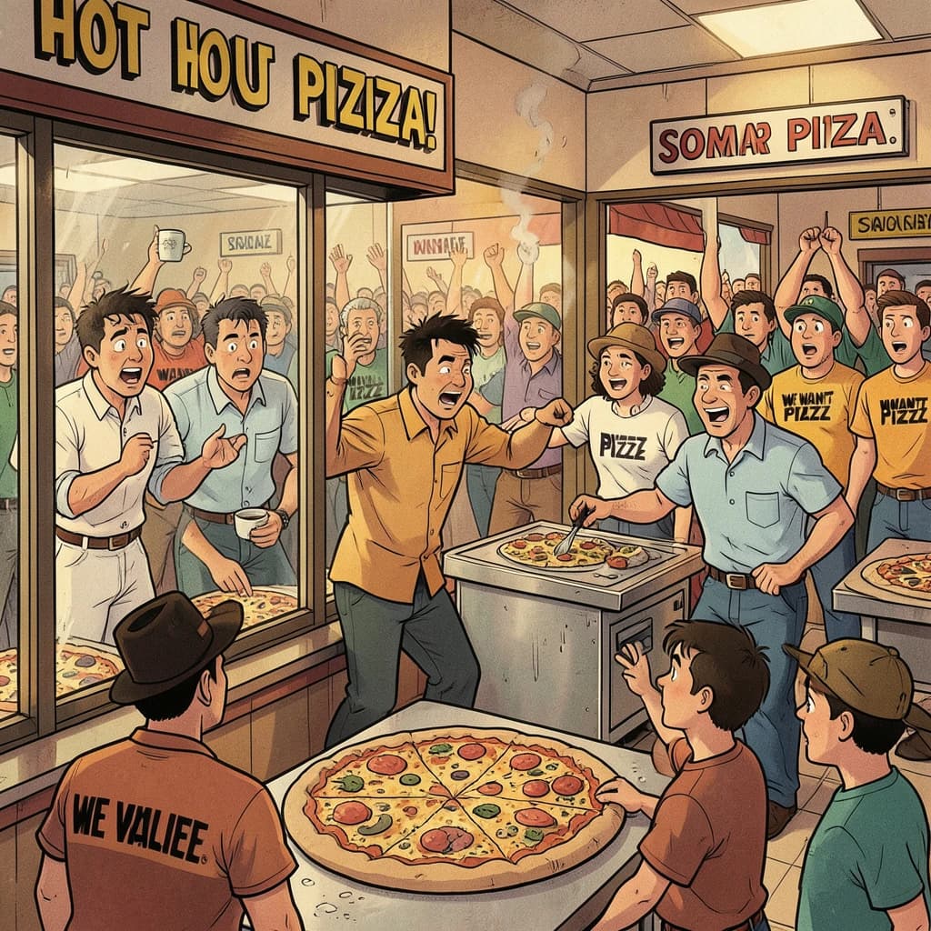Pasquale is pulling his few remaining hairs out over a disaster at the pizzeria - the cooks are working as fast as they can but the crowds outside are swelling and they demand hot hot pizza! They are banging on the glass and some are wearing "we want pizza" shirts. 1980s western TV animation style.