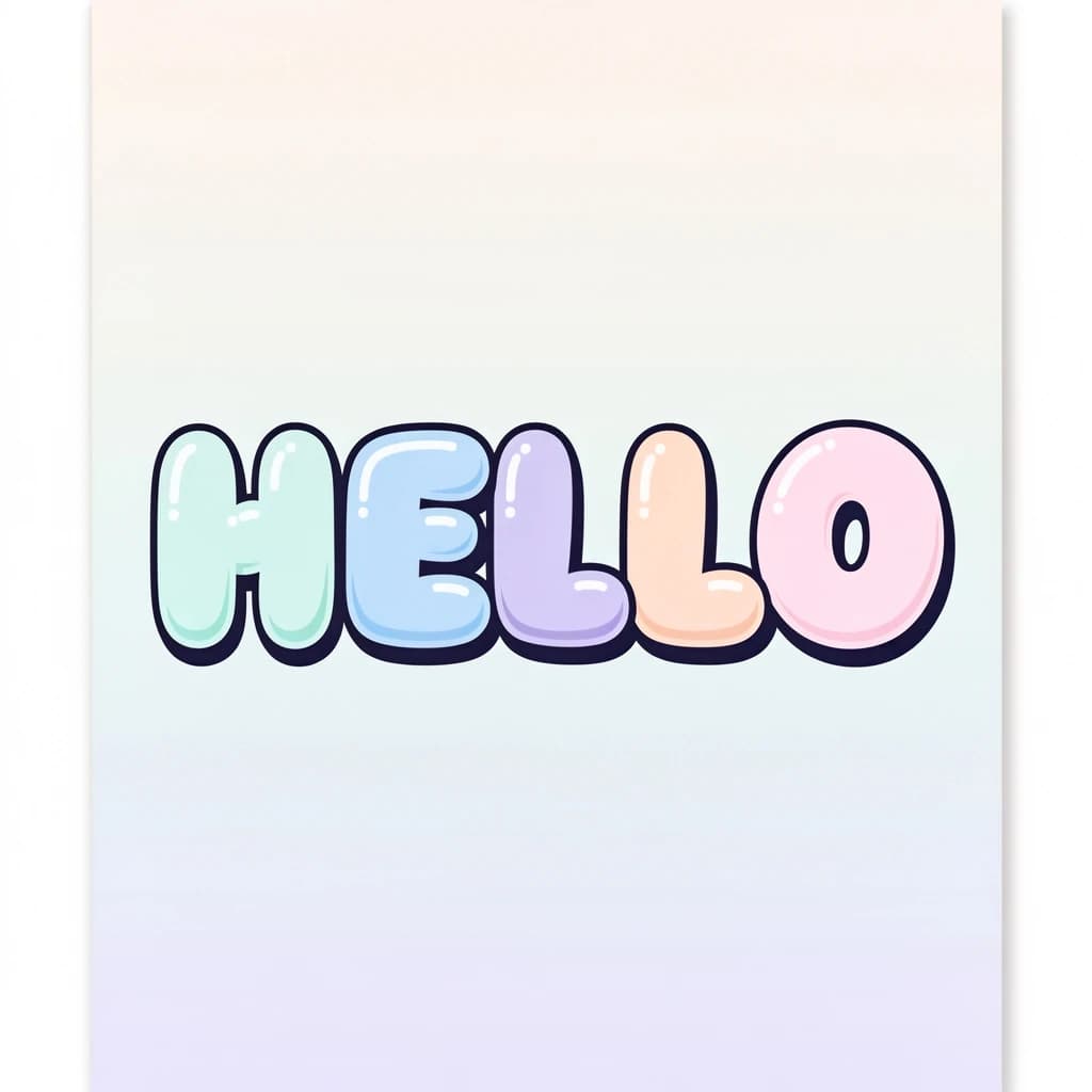 Make a bold bubble-letter poster that says HELLO, pastel palette, thick outline.