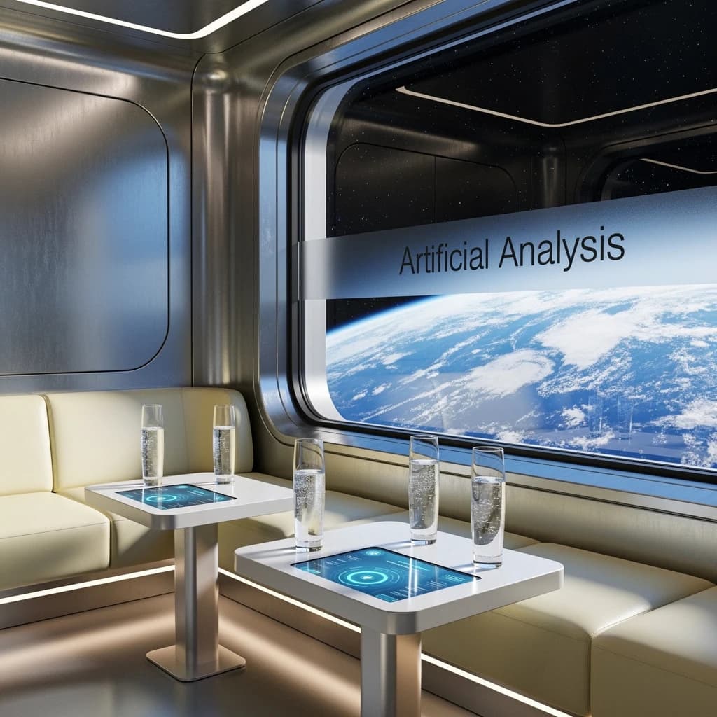 The orbital lounge has brushed aluminum walls and pale leather banquettes. Low white tables are inset with glowing touchscreens. Drinks are clear, flavorless, in tall unmarked glasses. The viewport is floor-to-ceiling, showing Earth moving slowly beneath. The word Artificial Analysis is etched discreetly on the glass in a frosted band.