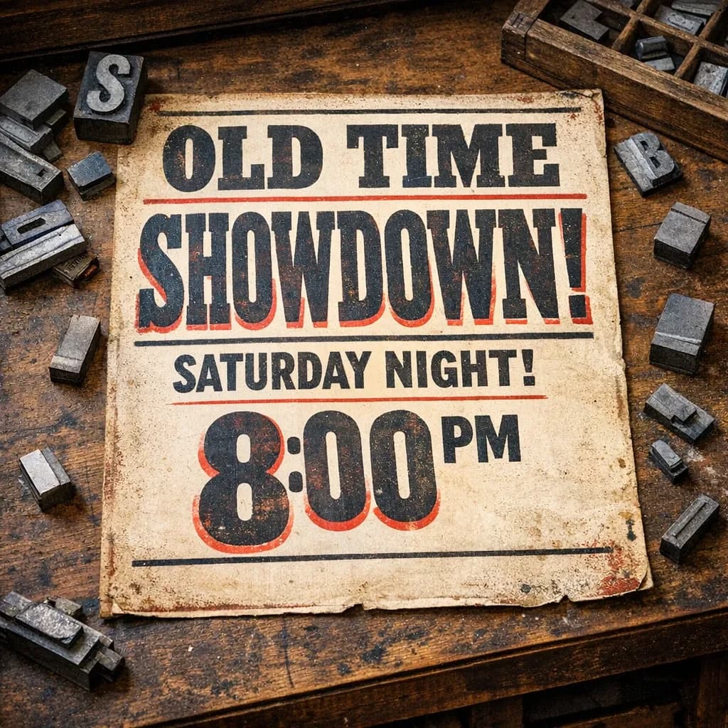 A vintage letterpress poster on a wooden desk: bold slab serif headline, tight kerning, misregistered ink, slightly worn edges, scattered metal type, soft window light.