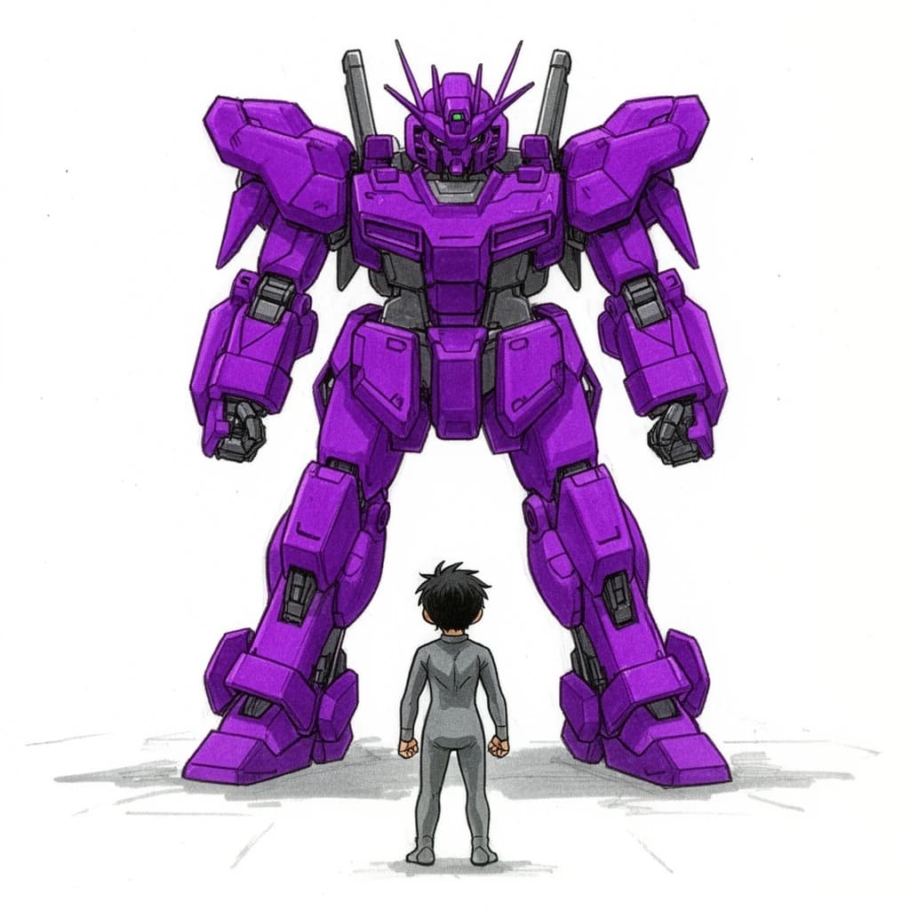 Clad in his body suit up to the neck, young Masa nervously approaches the towering mech with his back facing us. He is nervous for his first time in the field. The mech's bright purple colour scheme contrasts with the grey body suit. The scale of the mech dwarfs Masa. Hand drawn style