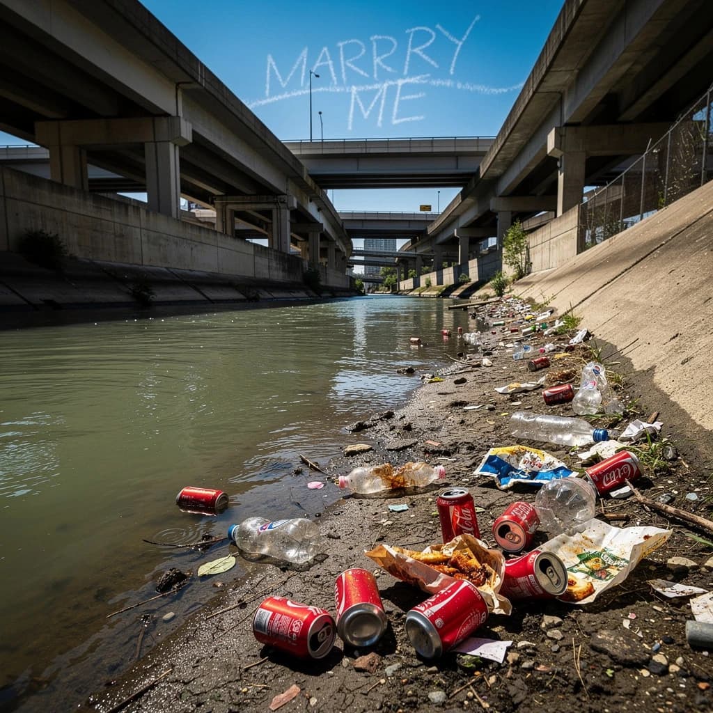 Red soda cans and other garbage sit strewn across the bank of an urban river only a few metres wide. Concrete overpasses criss cross overhead on a bright and sunny day. Fading skywriting proposes marriage