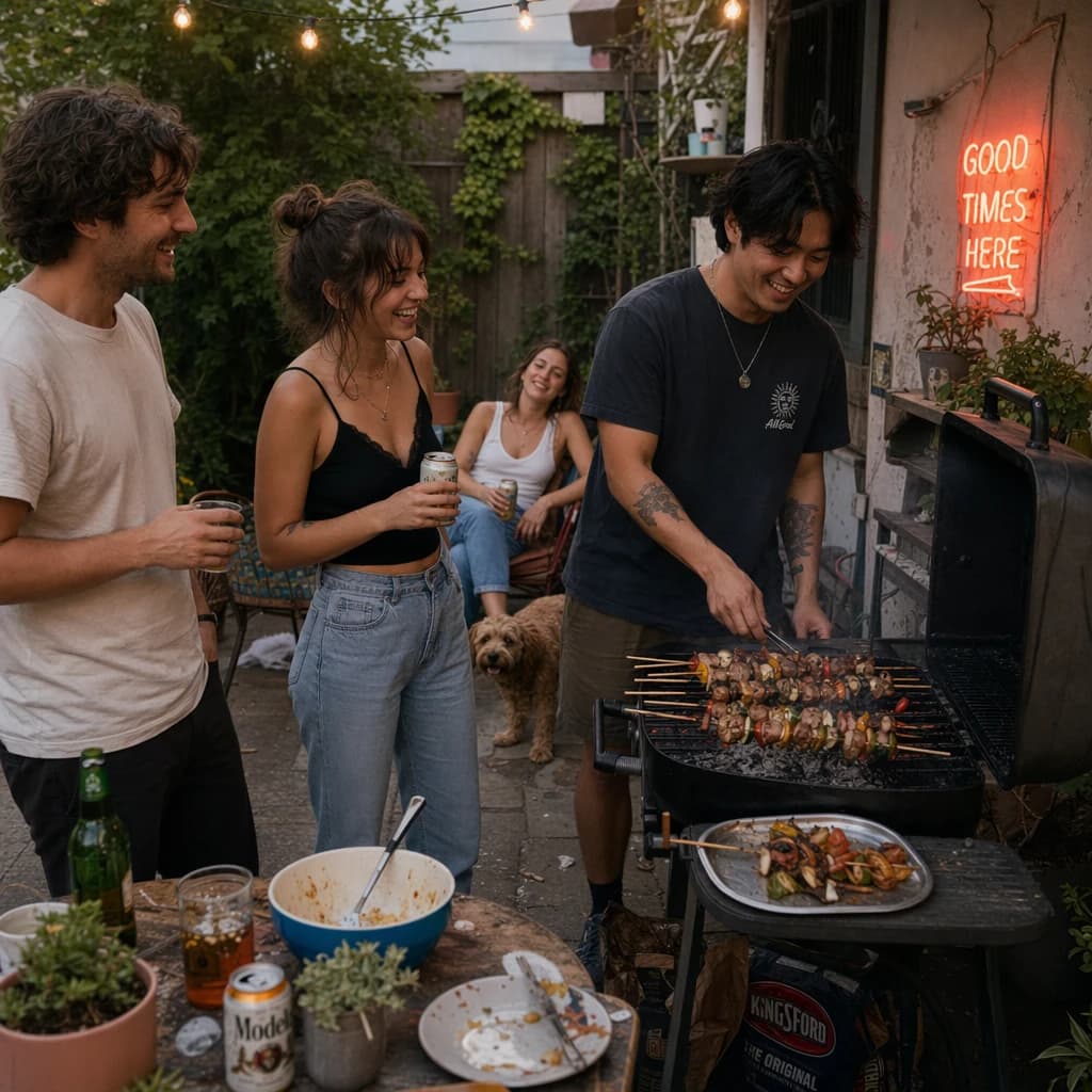 Friends grill skewers on a slightly messy patio.