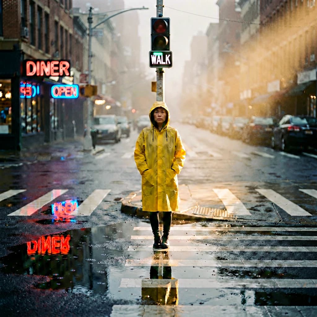 A sunlit city street after rain; puddles mirror neon signs as a woman in a yellow raincoat waits at a crosswalk, soft mist, 50mm look, natural tones, a bit of film grain.