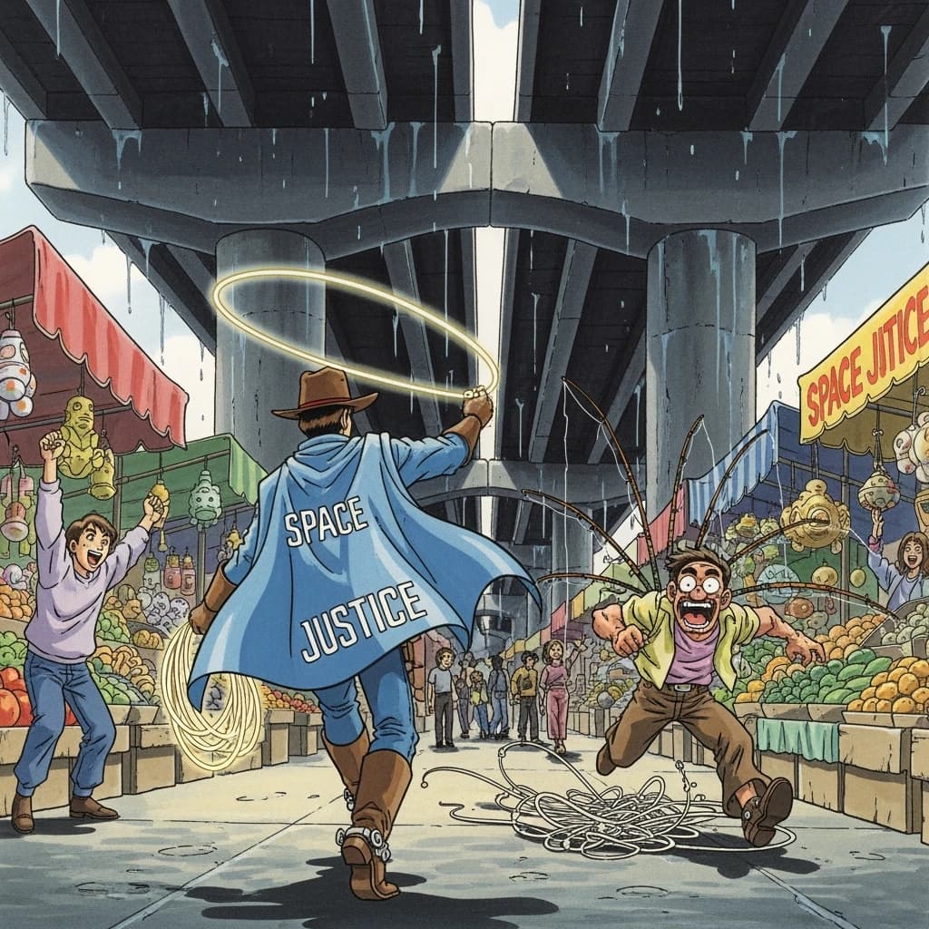 The space cowboy chases the deranged fisherman underneath the causeway, eager to collect on his bounty. Fishing rods and lines hang off the back off the fishermen as he darts between the bustling market crowd. We see the back of the space cowboy in his space poncho emblazoned with the words SPACE JUSTICE, spinning his lasso over his head. A child on the sidelines excitedly cheers the cowboy. 1990s hand drawn anime style with strong fluidity
