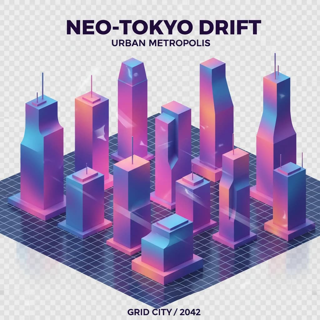 Render an isometric city poster with geometric buildings, neon gradients, gloss highlights, soft AO shadows, clean sans-serif lettering, grid layout, reflections a bit overexposed.