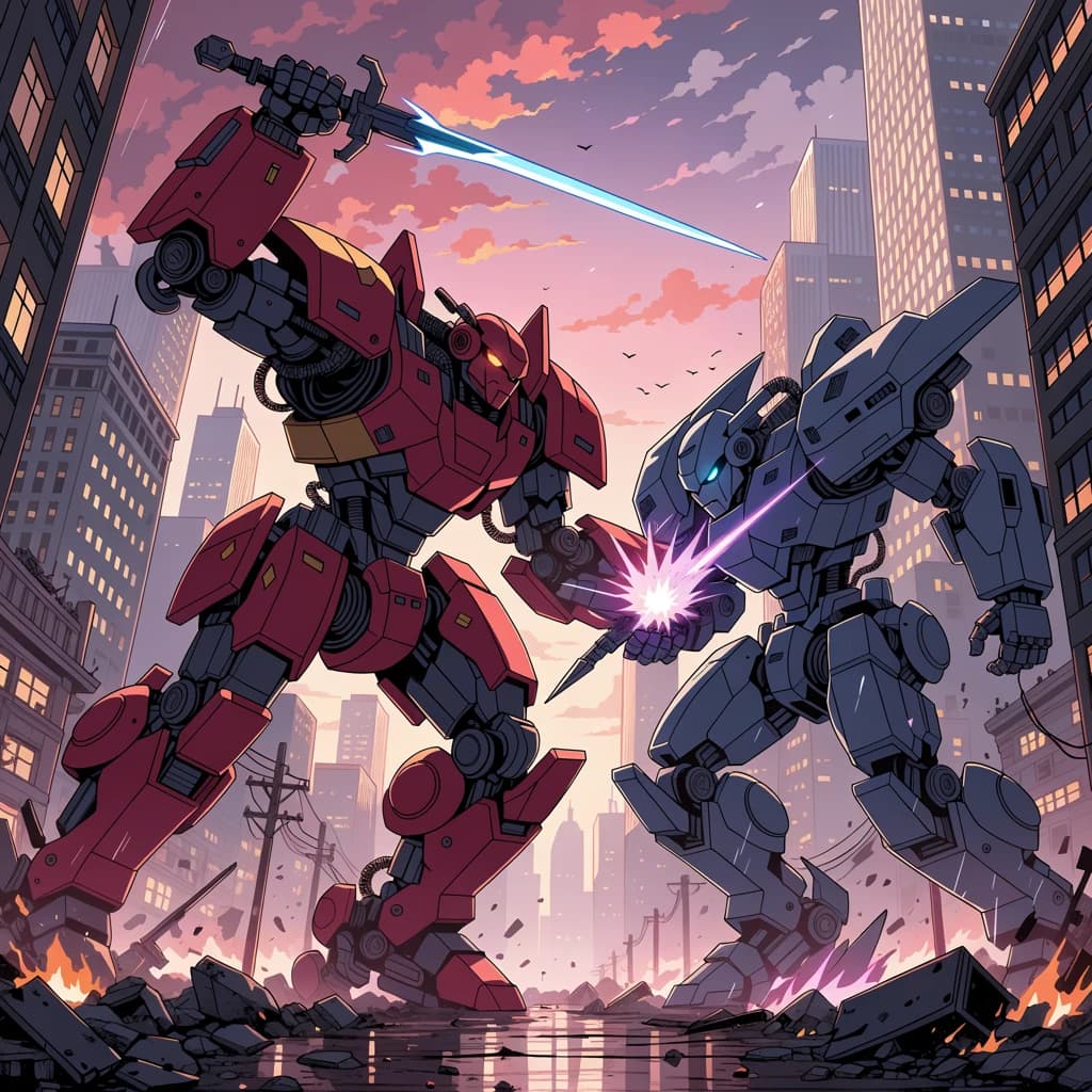 Make a cel-shaded mecha duel at dusk downtown.