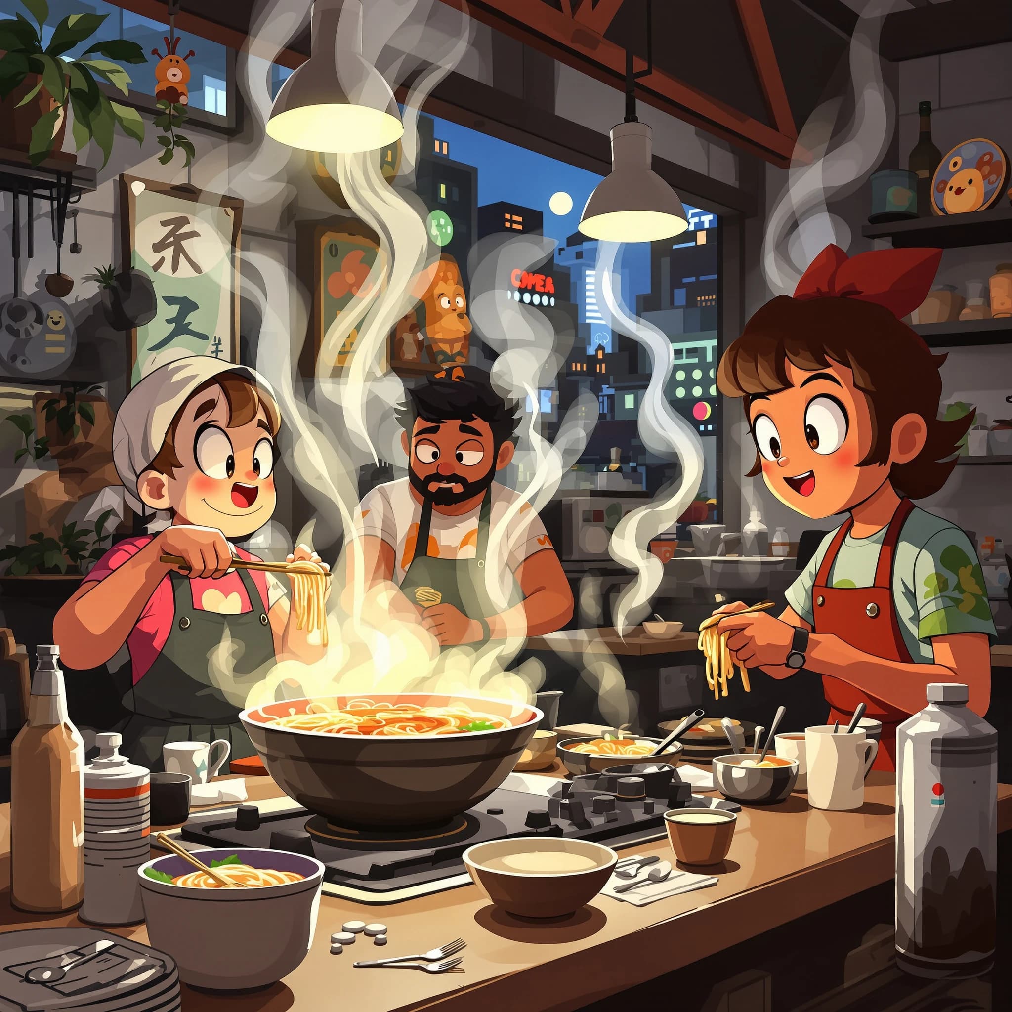 Club friends cooking ramen, steam rising, cel-shaded, city kitchen, big eyes.