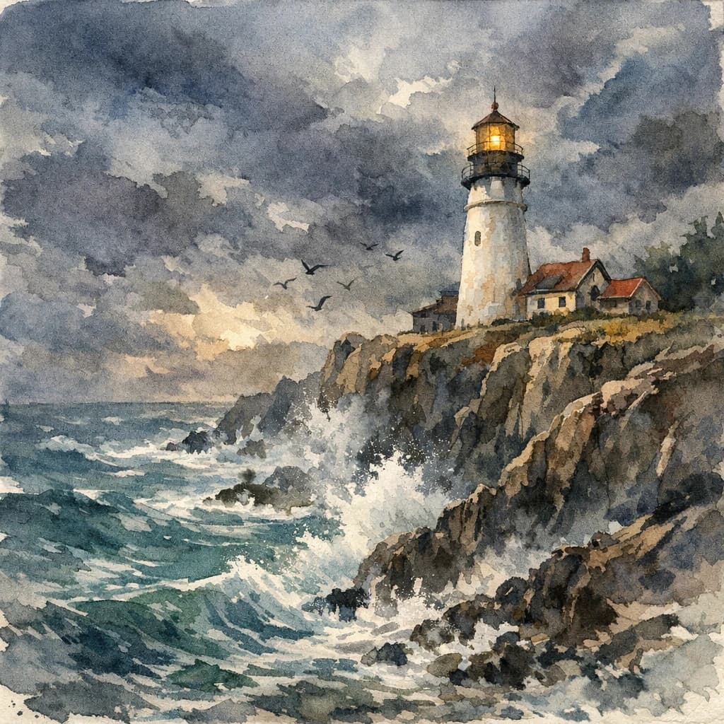 Please paint a watercolor of stormy cliffs and a lighthouse, moody sky.