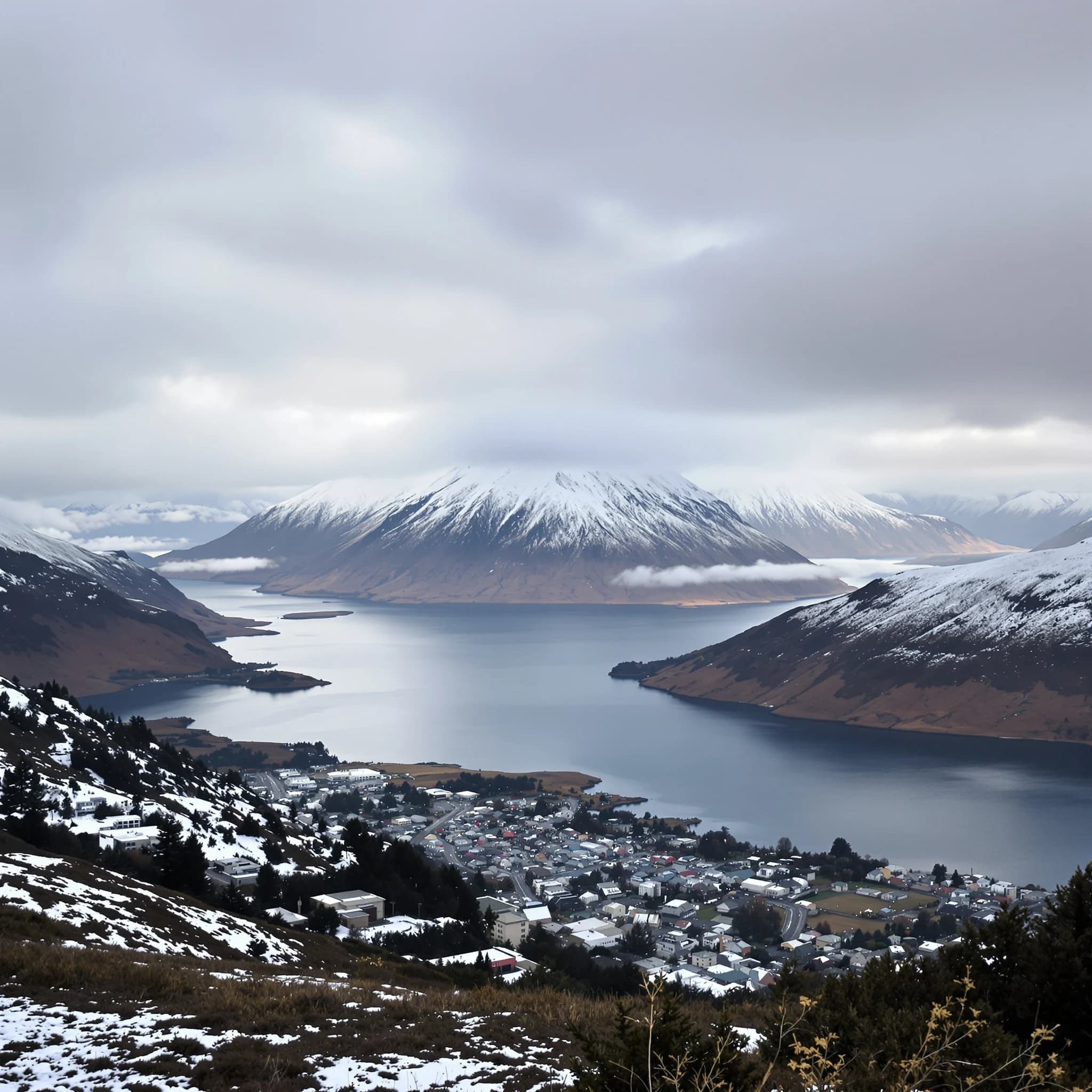 Queenstown's Lake Wakatipu, viewed from the top of Queenstown Hill after a snowstorm just dusted the top of Cecil's Peak