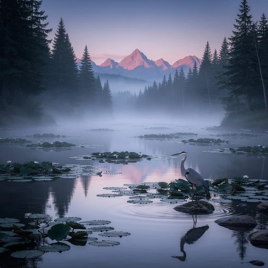 With pre-dawn mist along a cedar forest river and glassy water dotted with lily pads, distant mountains blush pink, and a heron stands still like it forgot what to do next.