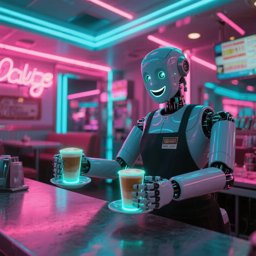 A smiling robot barista serves glowing lattes in a neon diner with bold lines.