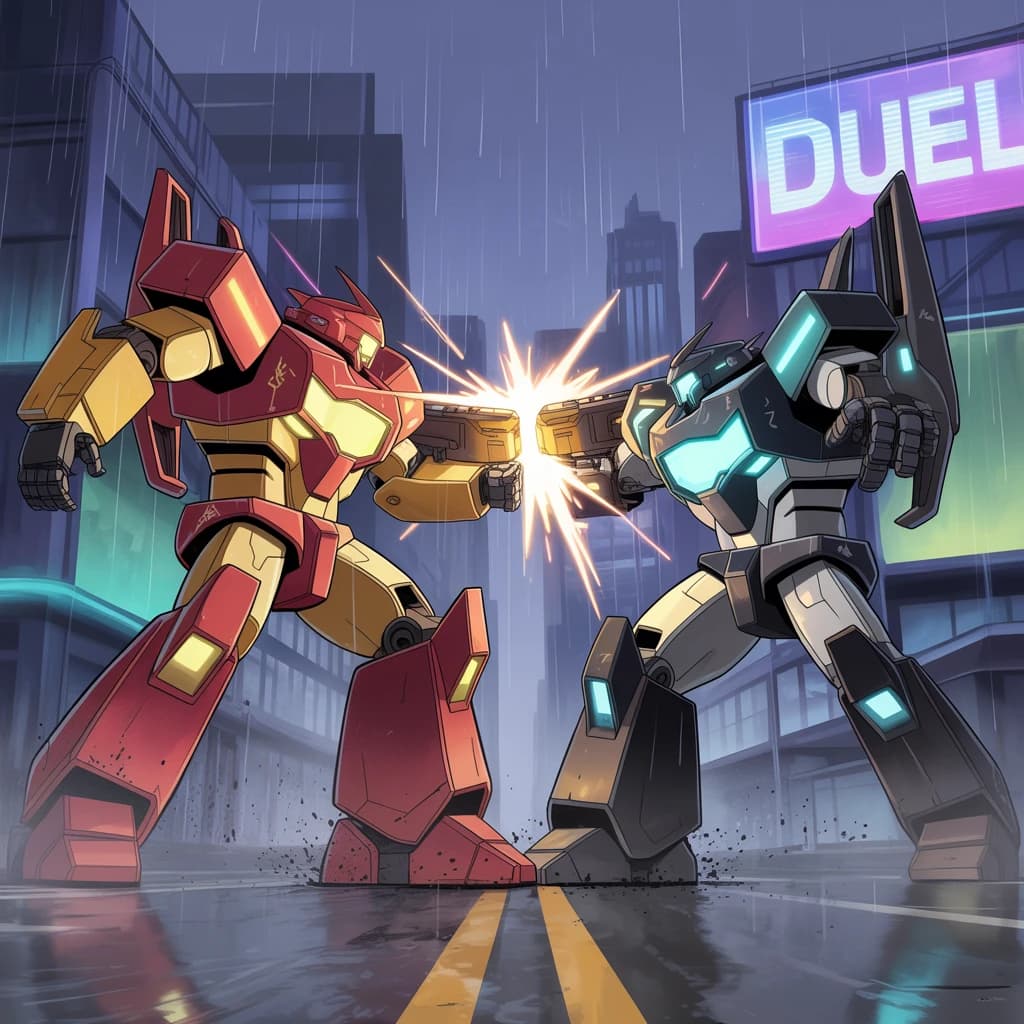 Make a cel-shaded mecha duel at dusk downtown.