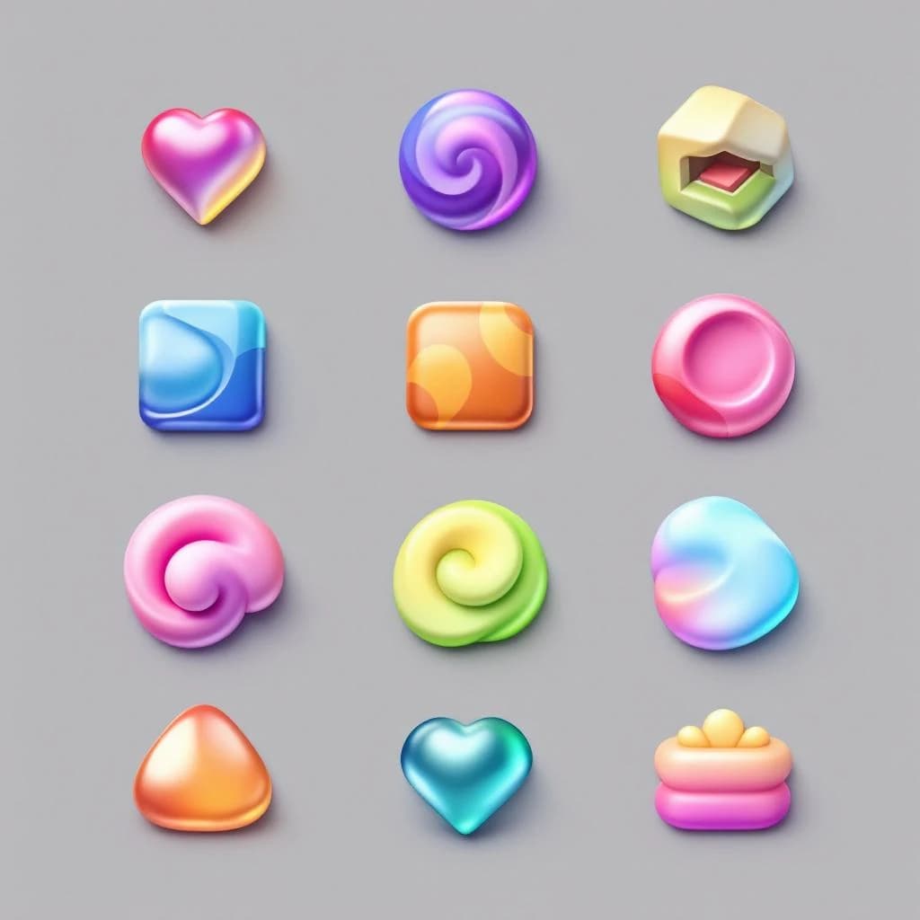 Design a glossy 3D icon set with smooth gradients.