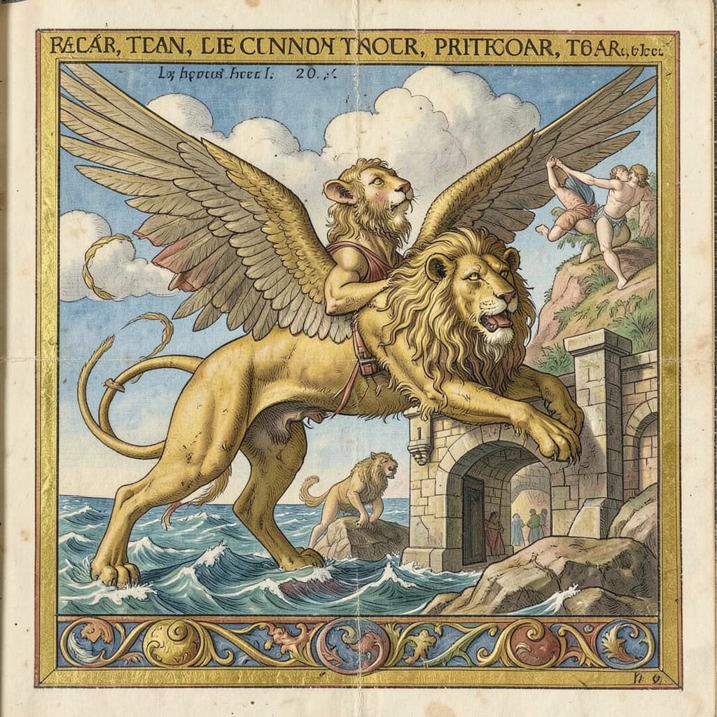 Paint an illuminated manuscript scene of a winged lion guarding a sea gate.