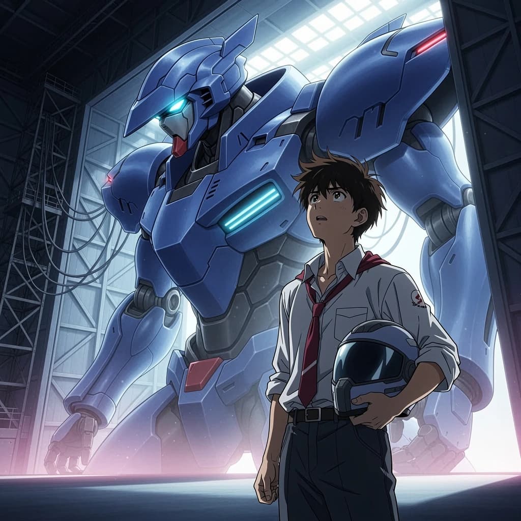 A teenage pilot grips his helmet under one arm, standing at the edge of a glowing hangar bay. Before him looms a sleek, steel-blue mech, its eyes lit with a cold electric glare. His school uniform is rumpled, a sharp contrast to the machine’s flawless plating. The vast scale engulfs him in shadow, emphasizing both awe and dread. Hand-drawn anime style.