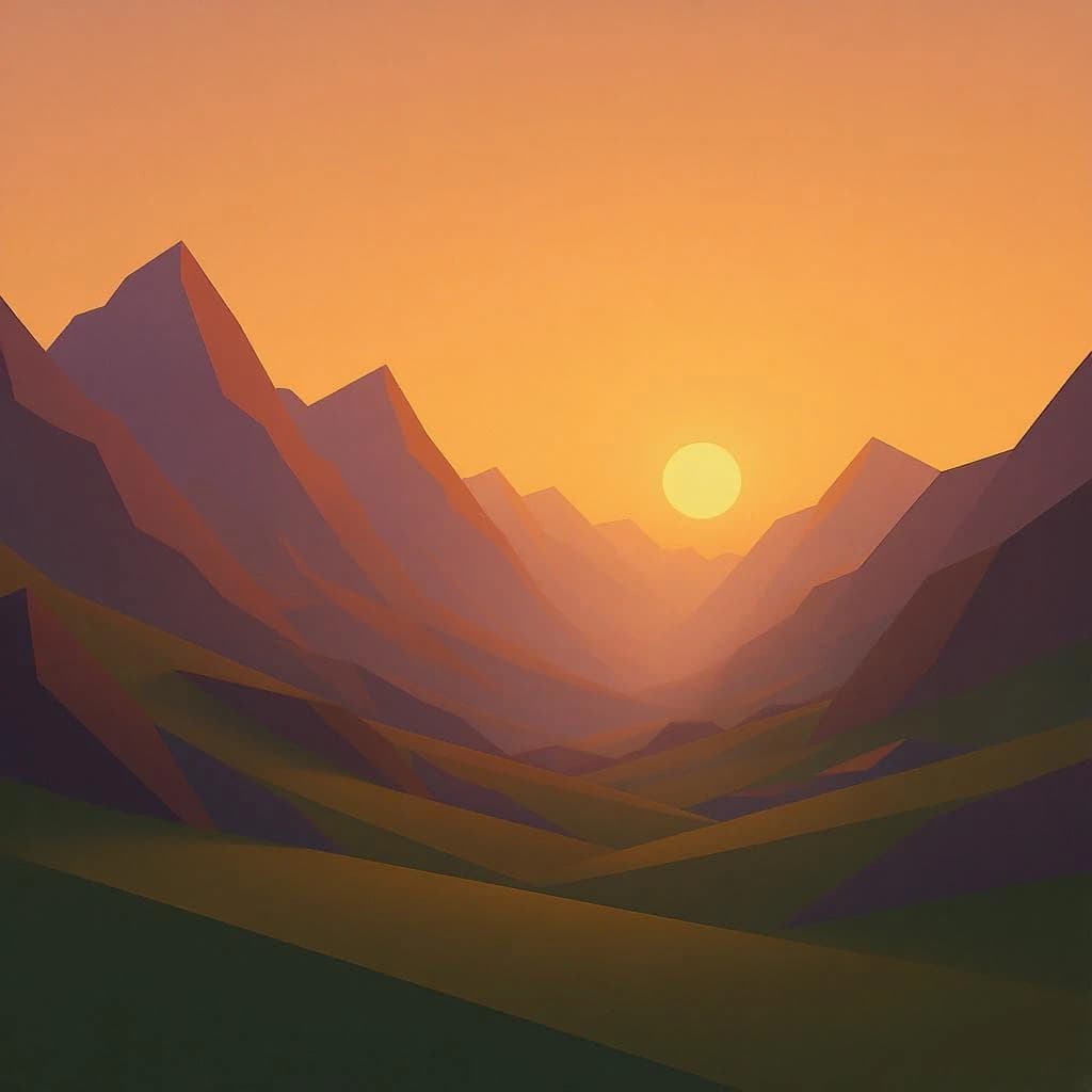 Render a low-poly alpine valley at sunset, clean gradients, long shadows.