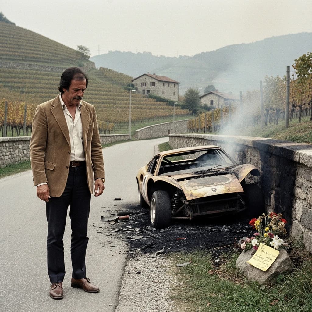 Mario examines the still smouldering wreck of the crash that took his best driver on the side of the country road. He designed this car and caused this. 3 days have passed since the crash. It's 1973 in Northern Italy.