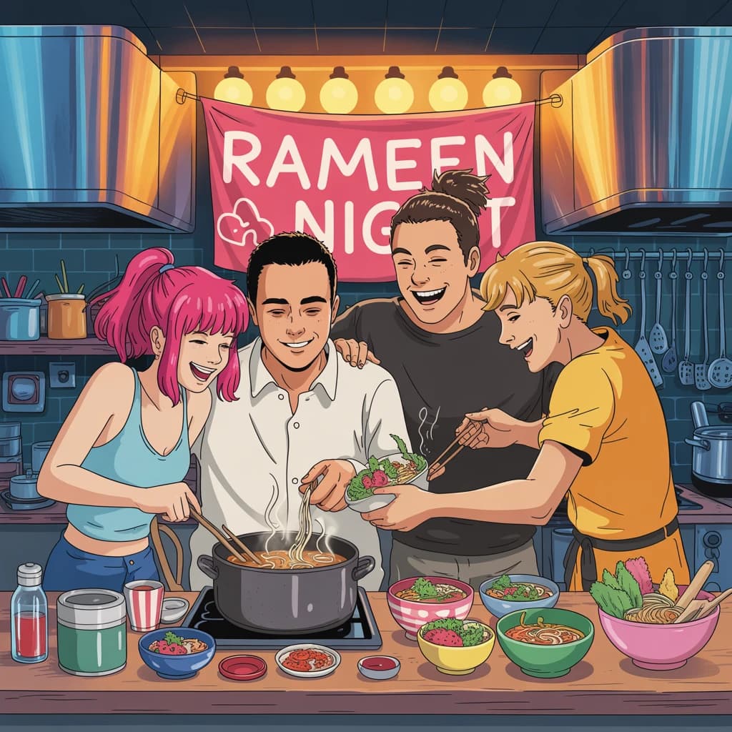 Club friends cooking ramen, steam rising, cel-shaded, city kitchen, big eyes.