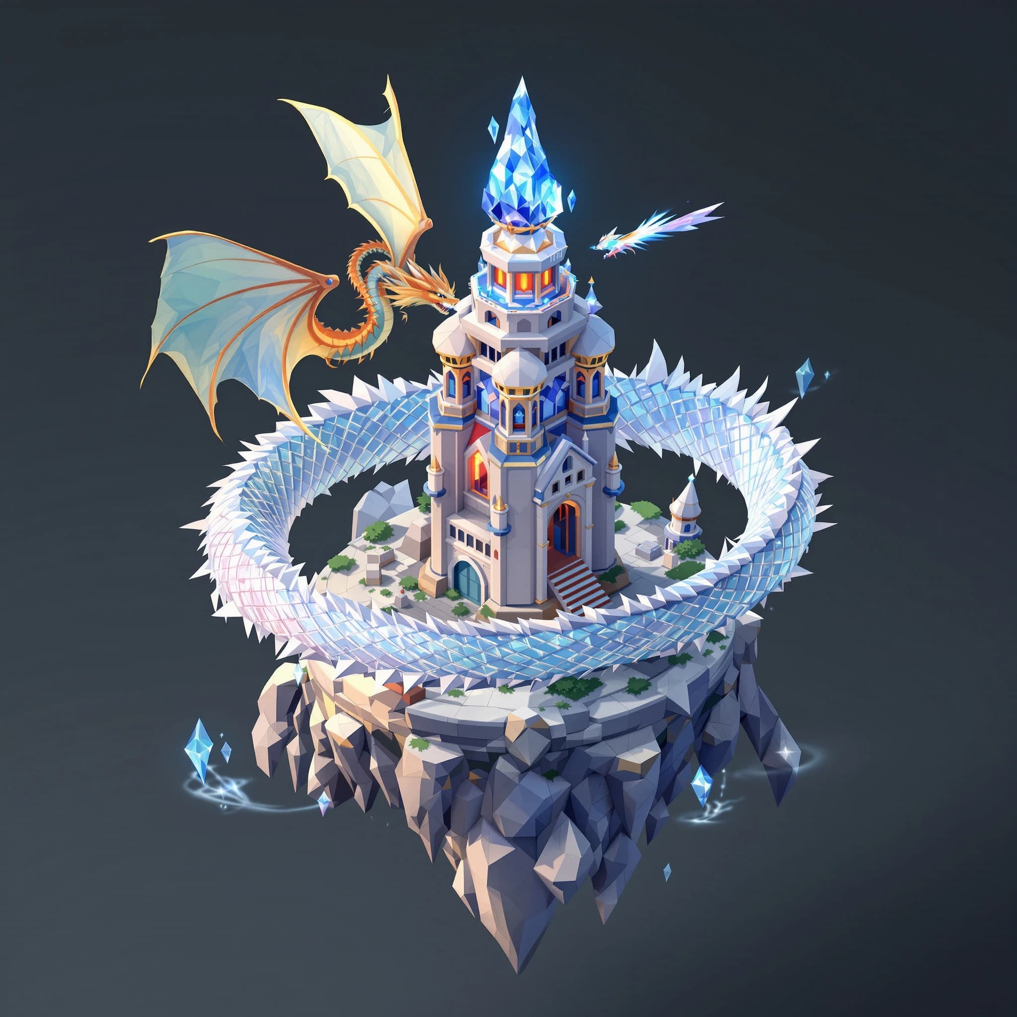 Render an isometric 3D crystal dragon circling a floating tower.